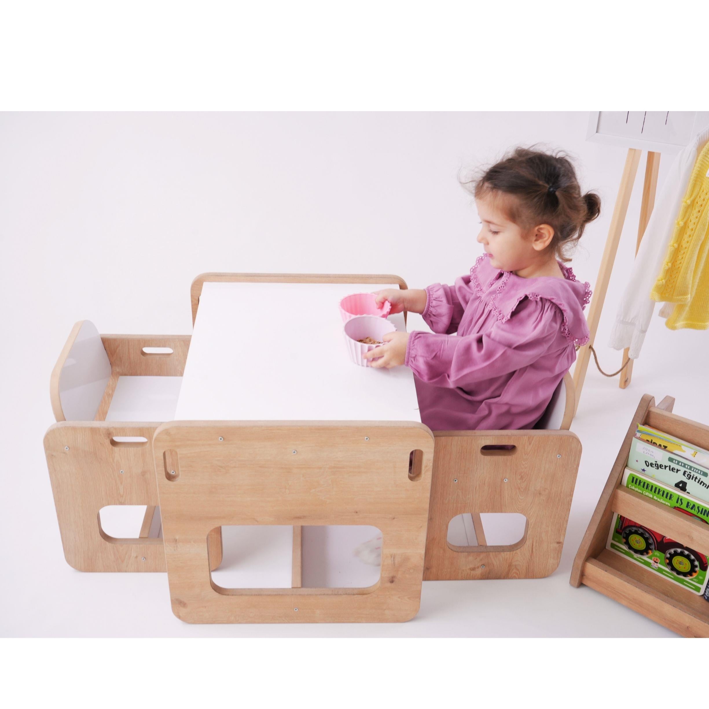 Montessori Çocuk Oyun ve Aktivite Masası Beyaz 1 Masa & 2 Turtle Sandalye