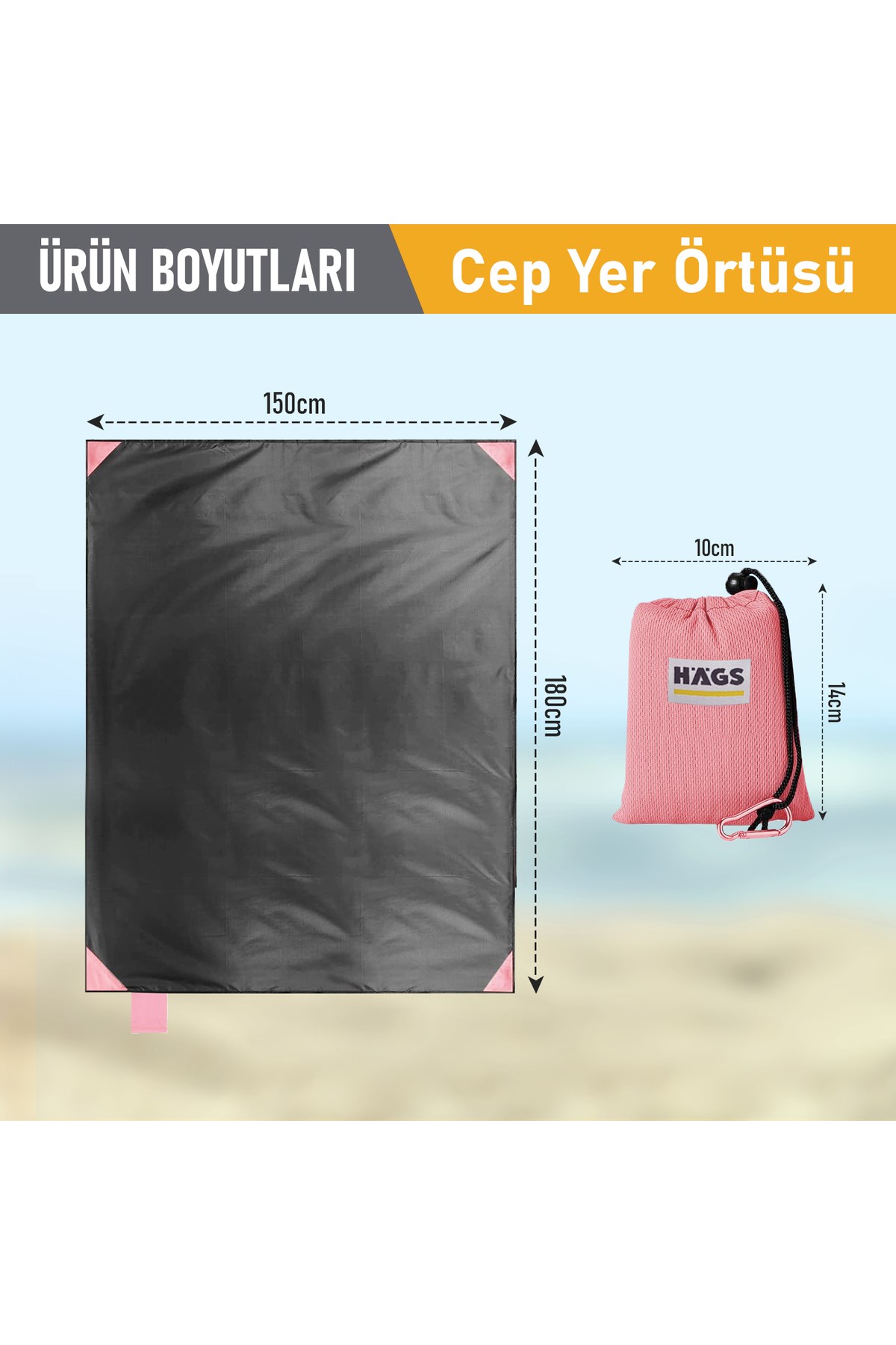 Haegs Cep Yer Örtüsü, Piknik Örtüsü Kamp Matı, Plaj Yer Örtüsü, Su Geçirmez, Kum Tutmaz, Hızlı Kurur, Hafif, Katlanabilir İnce Zemin Örtüsü Outdoor Açık Hava Kamp Yürüyüş Seyahat için - El Askılı - 180-150cm - Pembe