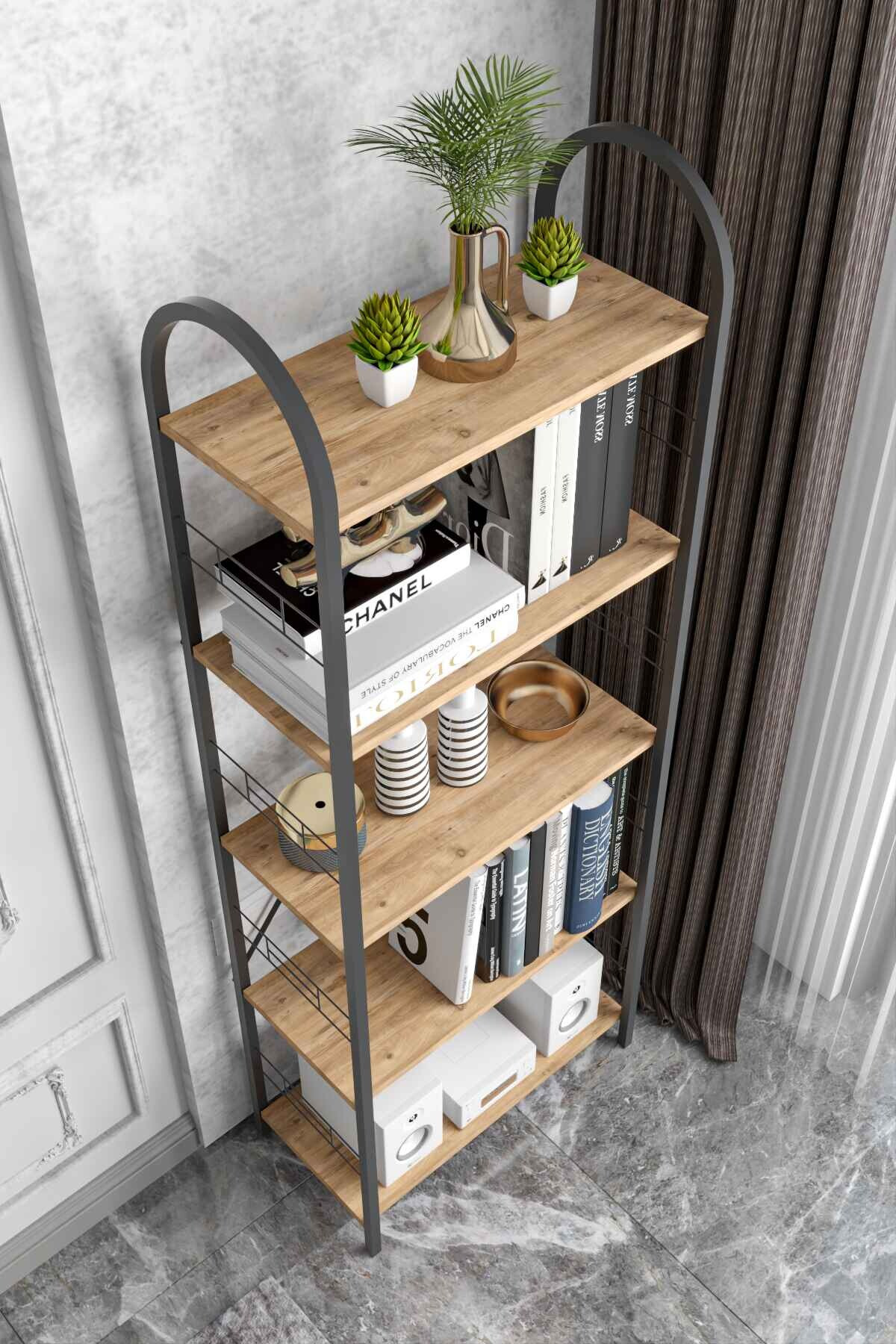 Reyo Falez 5 Geniş Raflı Kitaplık Metal Çerçeveli Modern Raf Çalışma Odası Ofis Salon Kitaplığı Evrak Rafı 180 cm Atlantik Çam