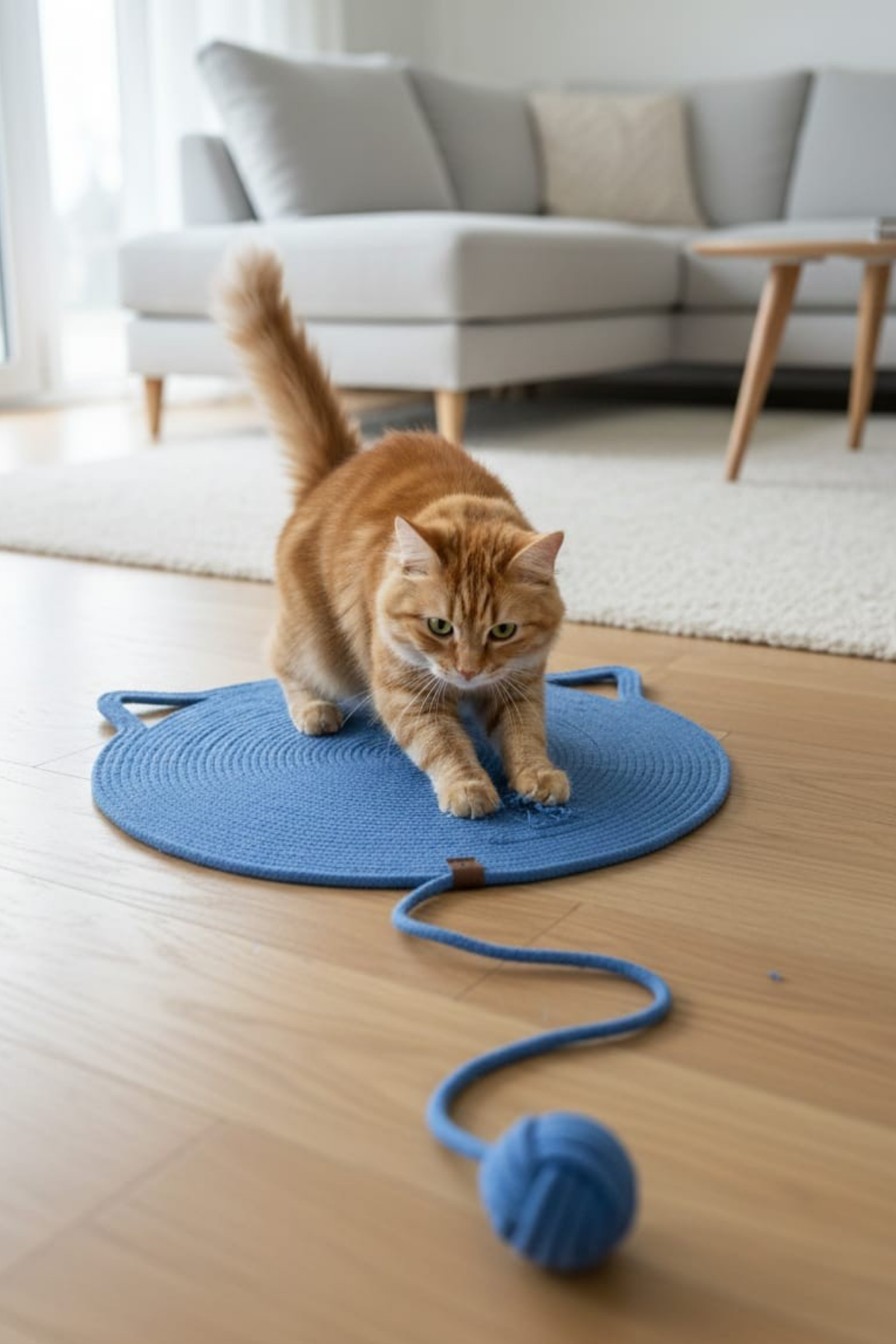 Reyo Pet El Yapımı Oyuncaklı Kedi Tırmalama Matı Tress İpli Mavi