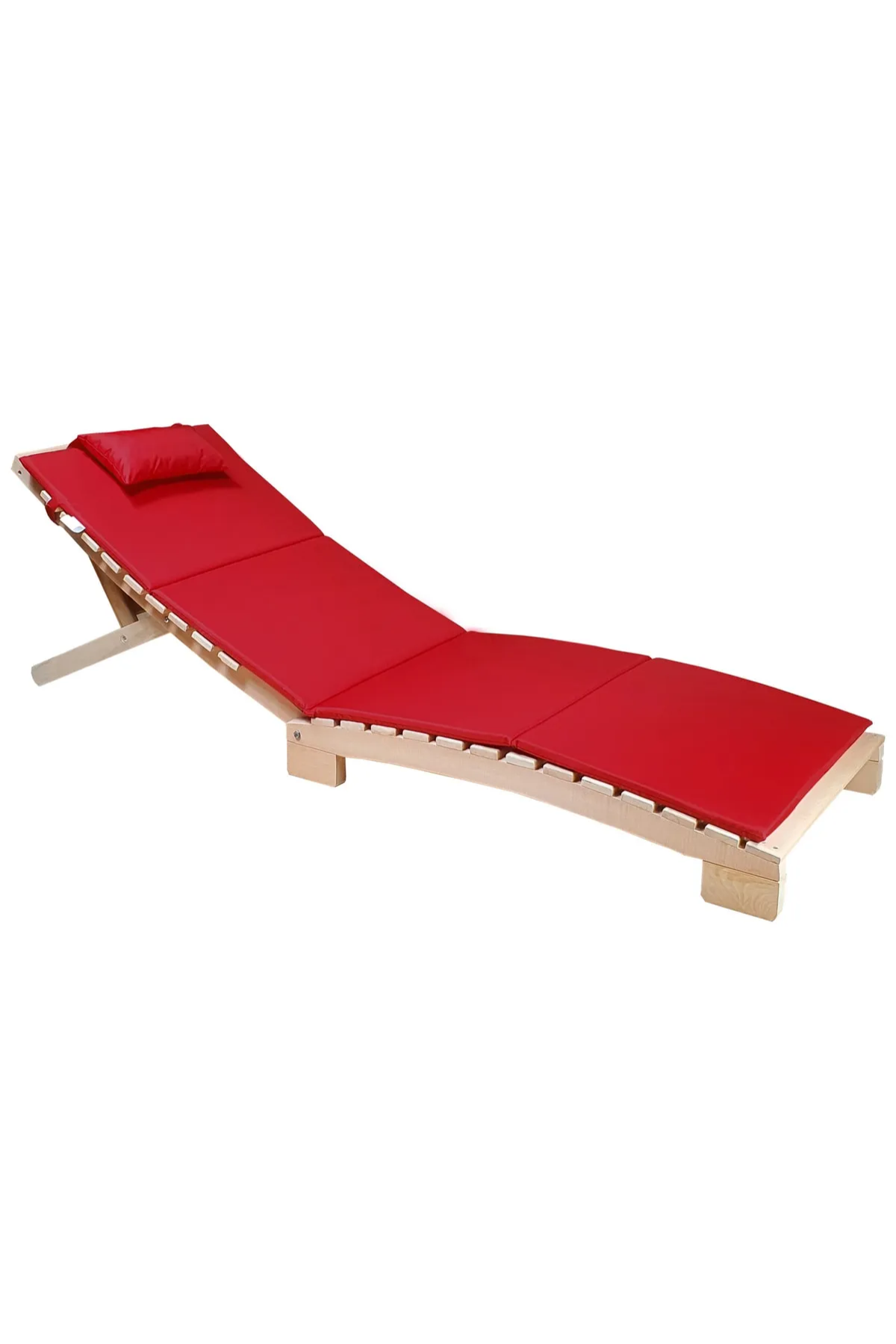 Bysay Ahşap Katlanabilir Yatar Şezlong 3 Kademe Plaj Yatağı Minder Dahil Naturel-Kırmızı