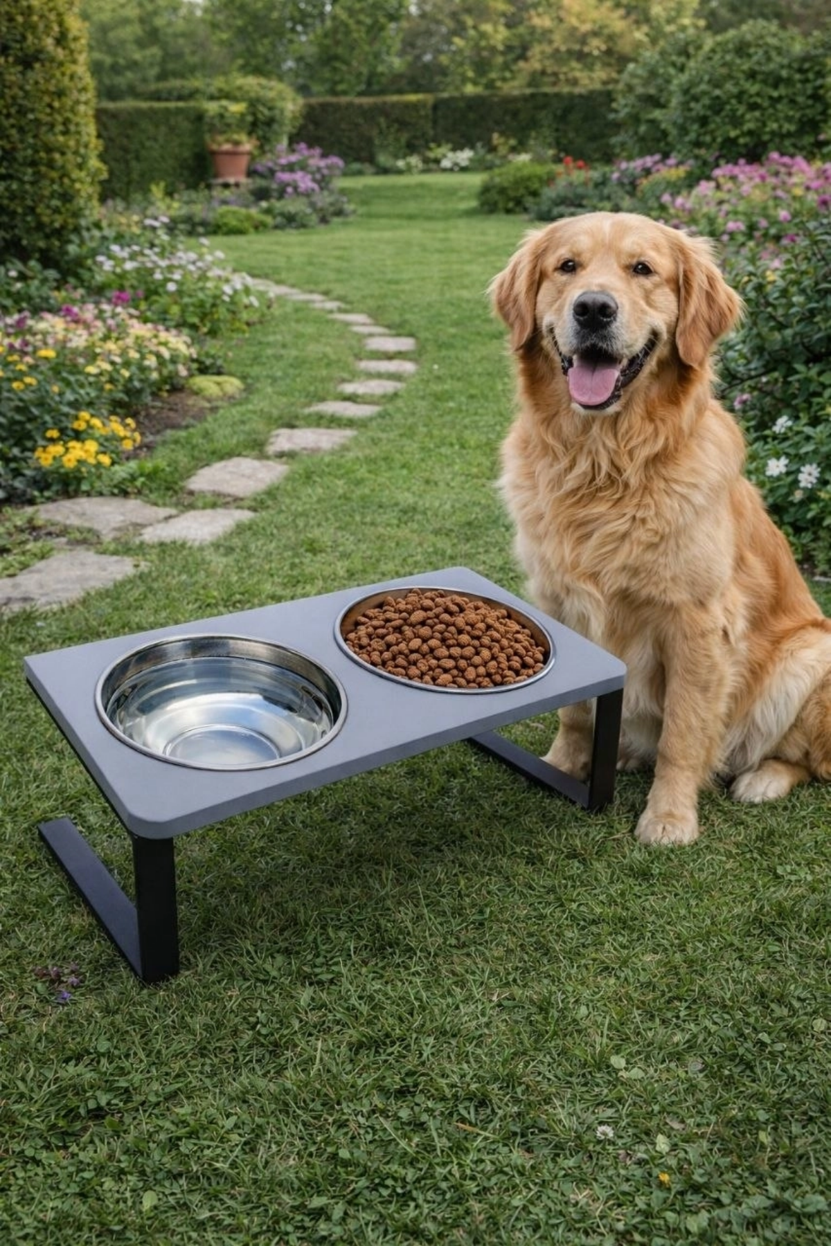 Reyo OK-AY Store Radessa XL Yüksek Standlı Çift Hazneli Mama ve Su Kabı, Büyük ve Orta Boy Köpek ve Kedi Su Kabı Paslanmaz Çelik Gri