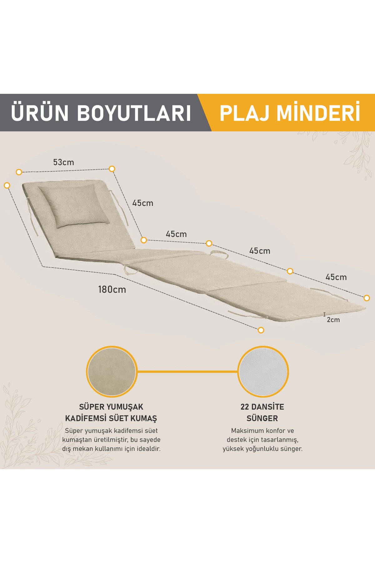 Haegs Plaj Minderi, Plaj Çantası Tasarımlı, Katlanır Plaj Matı, Yastıklı, Plaj Şezlong Minderleri, 22 Dens 180x53x2cm - Bej