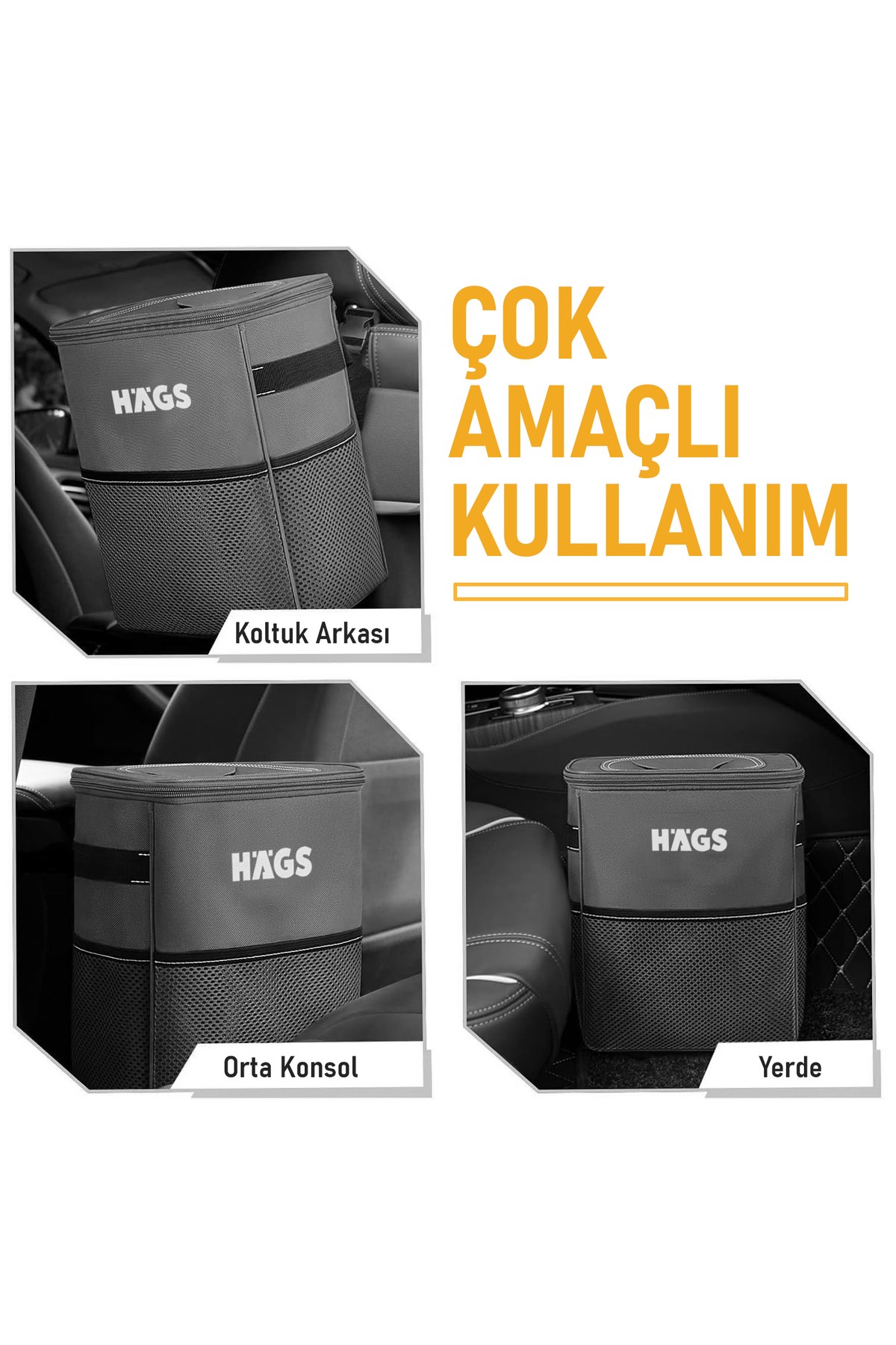 Haegs Araç içi Çöp Çantası, Kapaklı ve Saklama Cepli, %100 Sızdırmaz Organizer Çanta, Su Geçirmez Oto Çöp Kovası, Çok Amaçlı Araç içi Düzenleyici Çanta, 8 Lt - Gri