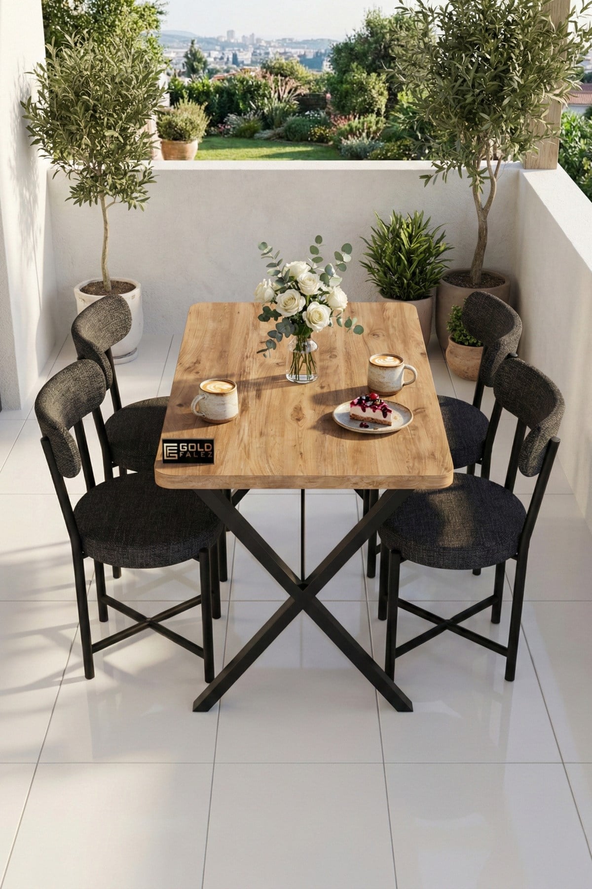 Reyo Falez Elma 110x70 cm Masa Takımı 4 Sandalyeli Modern Mutfak Balkon Kafe Yemek Masası Seti Atlantik Çam - Antrasit 9881