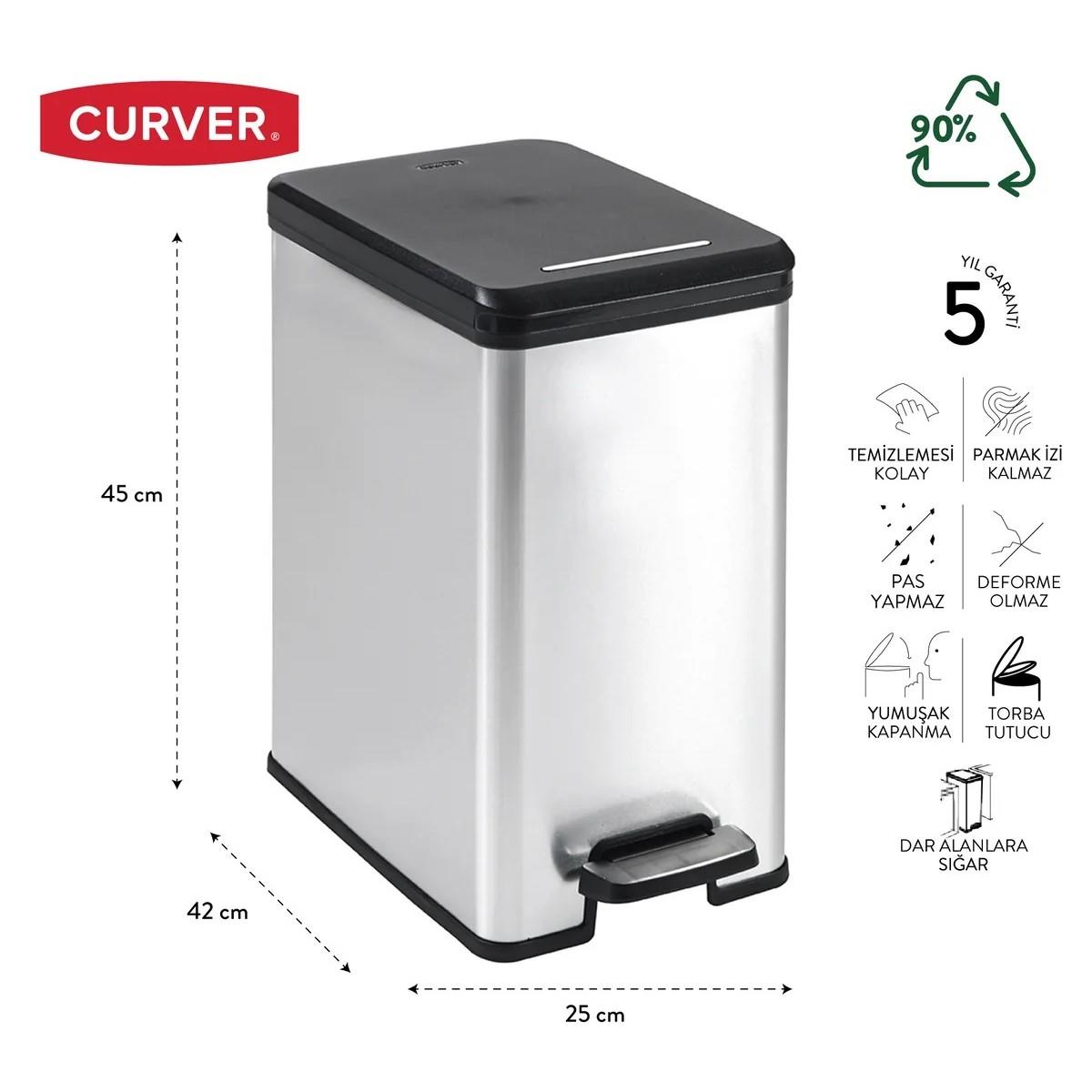Curver DecoBin Slim 25L Metal Görünümlü, Yumuşak kapanan, Pedallı 1.Sınıf Plastik Çöp Kovası