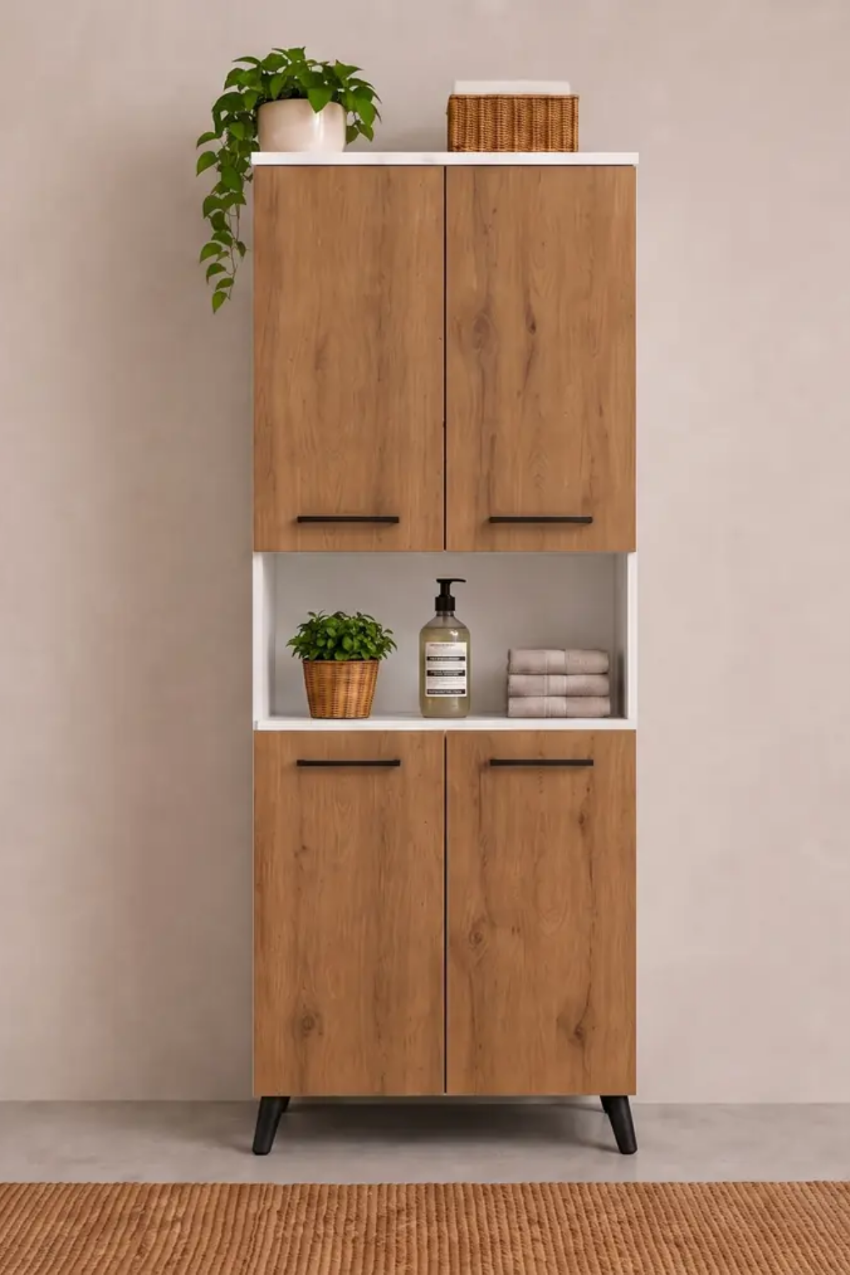 Enda Home Listra 4 Kapaklı Çok Amaçlı Dolap 170,8 cm,  Raflı, Ayaklı Depolama Dolabı Atlantik Çam - Beyaz