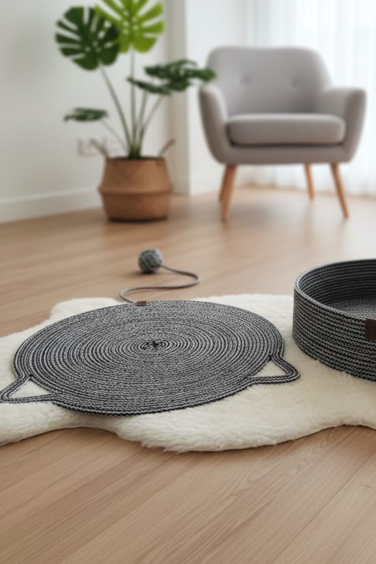 Reyo Pet El Yapımı Oyuncaklı Kedi Tırmalama Matı Tress İpli Siyah-Beyaz