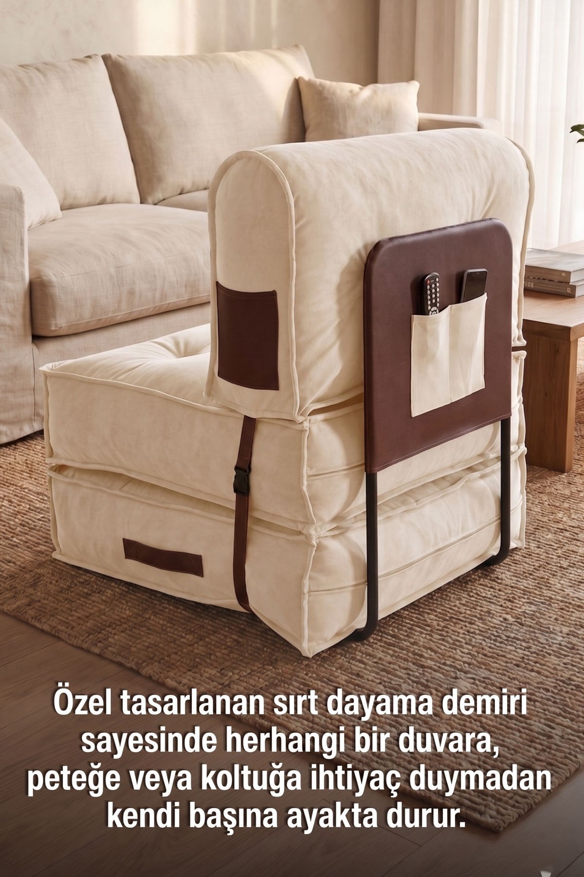 Pufymax Comfort Minder Koltuk Modüler Yer Koltuğu Sırt Destekli Oturma Minderi 75x75x85cm Yıkanabilir Fermuarlı Krem 