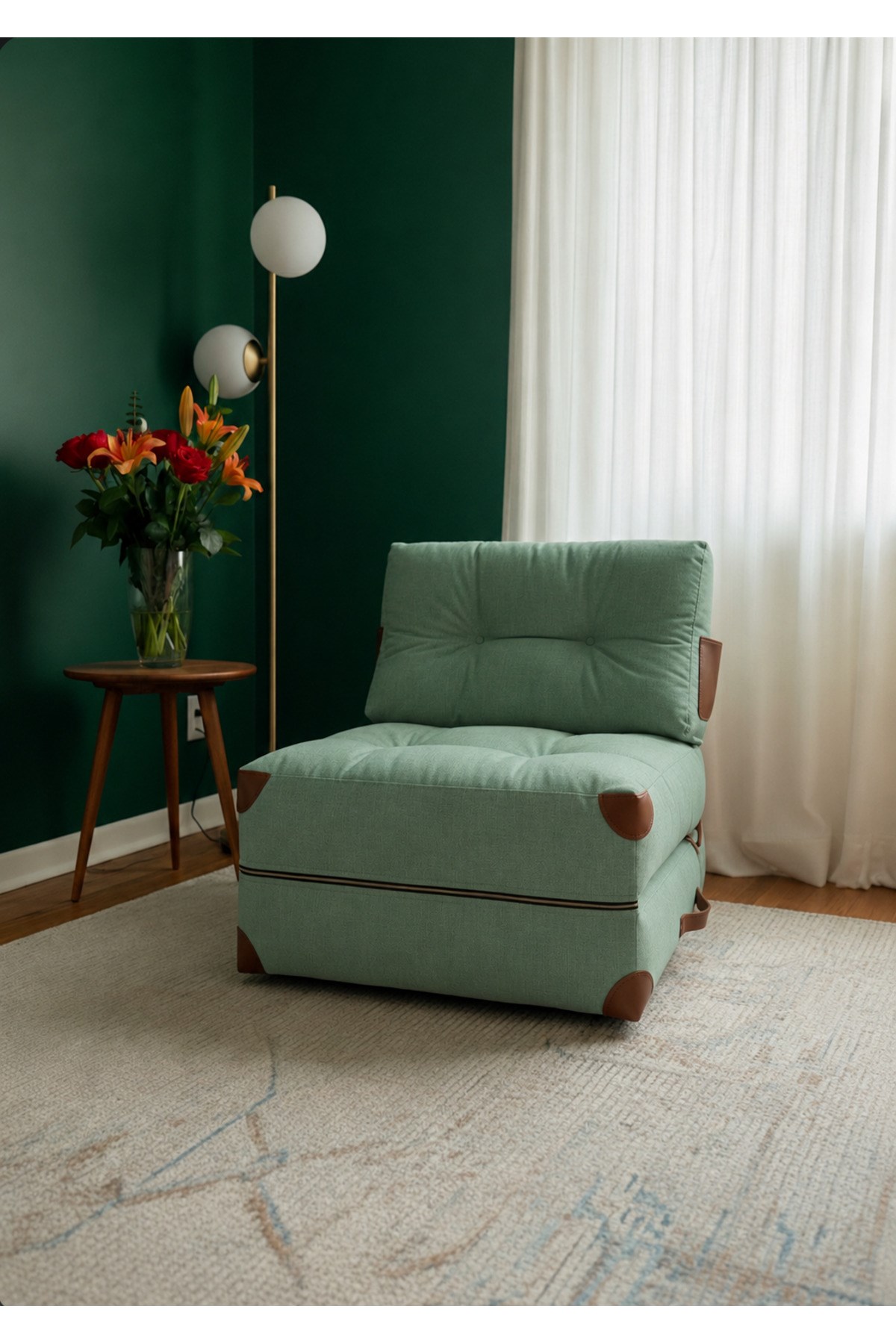 Pufymax Comfy Yeni Nesil Bohem Tekli Koltuk Yatak Olabilen Katlanır Berjer & Modüler Yer Yatağı 75x75x 85 cm Keten Yeşil