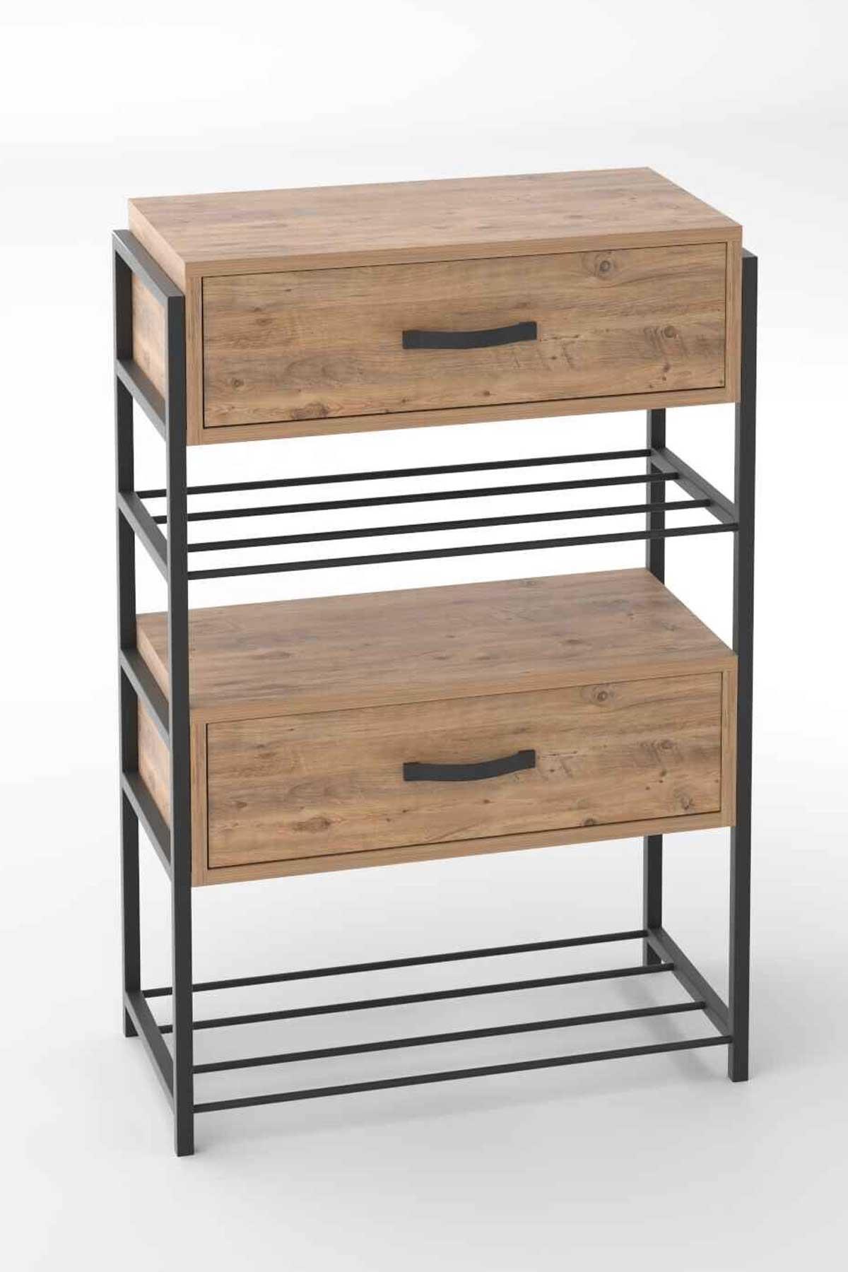 Reyo Falez Ayakkabılık Ahşap 2 Kapaklı Metal Raflı 4 Katlı Çok Amaçlı Atlantik Çam