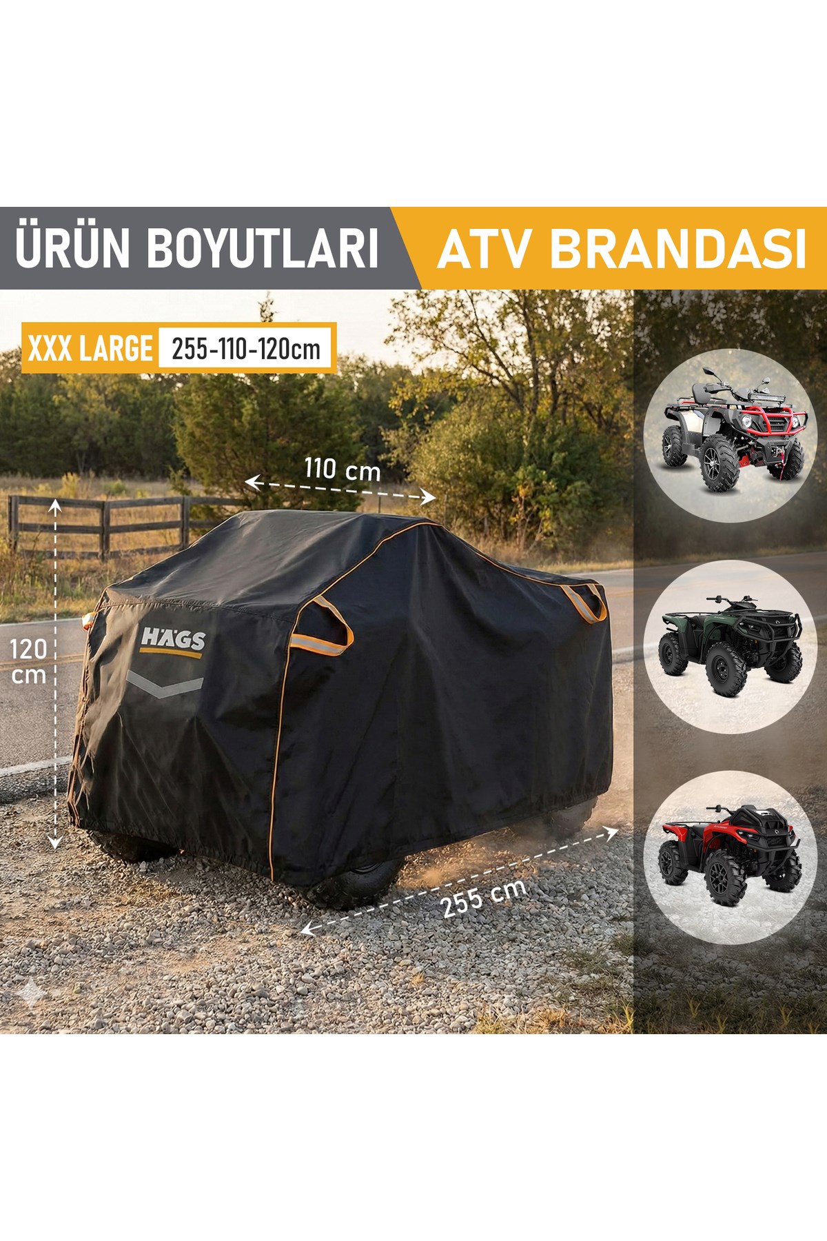 Haegs ATV Brandası, ATV Koruma Kılıfı, Örtüsü Su Geçirmez Dış Mekan Ağır Hizmet Tipi, 4 Mevsim (XXXL-255-110-120) - Siyah