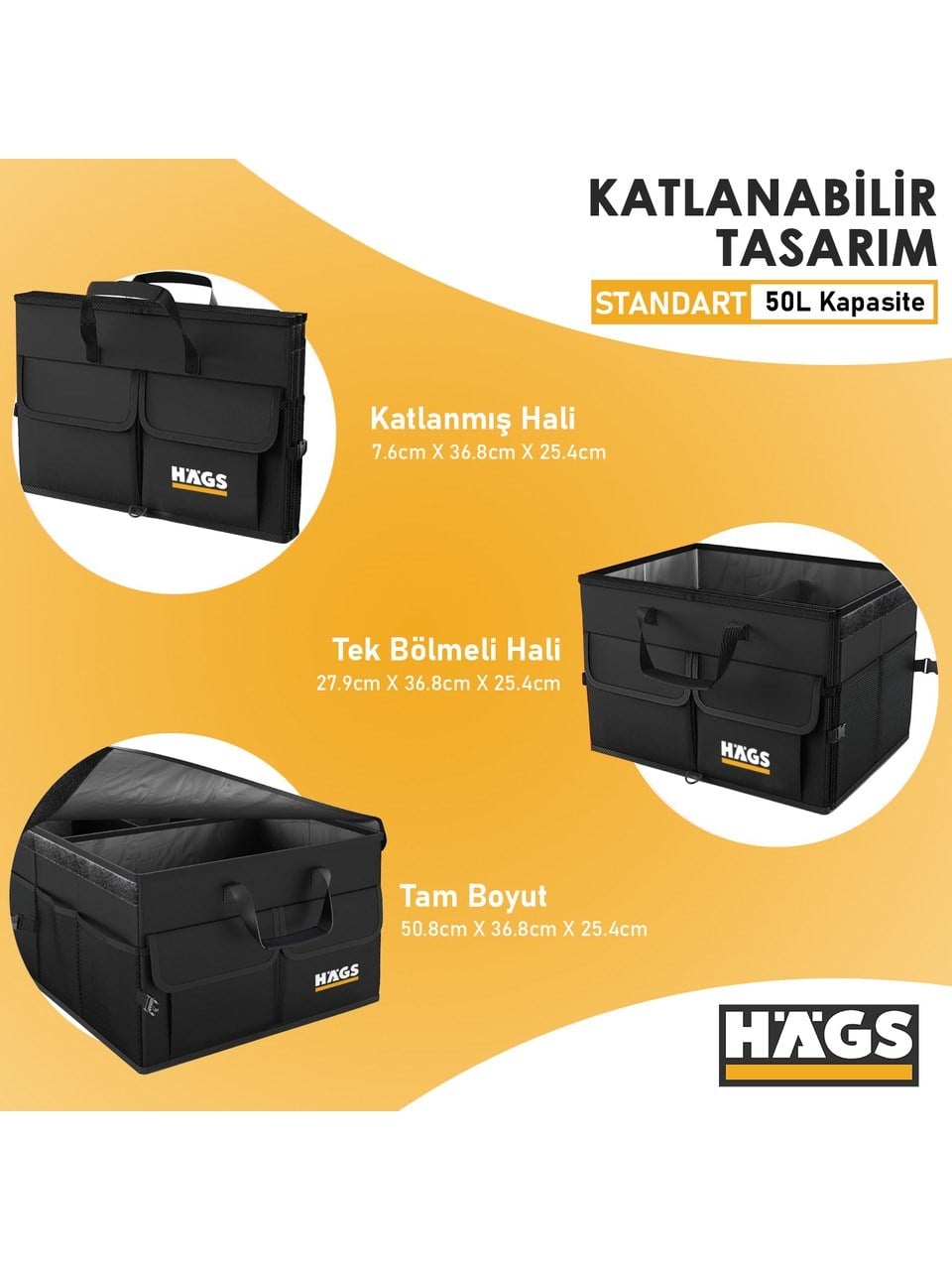 Haegs Araba Bagaj Çantası, Araç içi Düzenleyici Organizer, Katlanabilir Oto Bagaj Düzenleyici, Oto Aksesuarları, Araba Alet Eşya Düzenleyici - 50 Lt- Gri