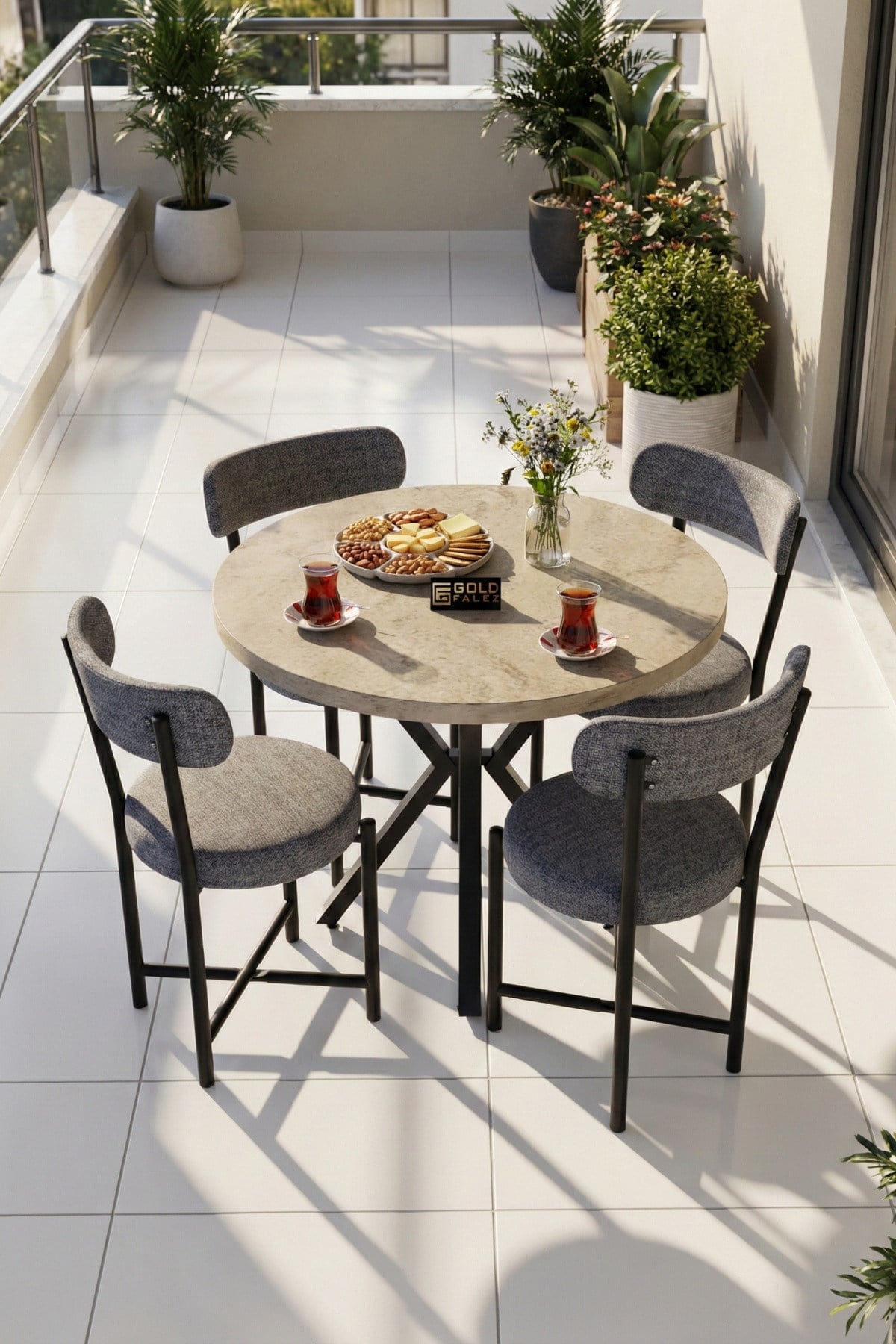 Reyo Falez Teddy 90 cm Yuvarlak Masa Takımı 4 Sandalyeli Modern Mutfak Balkon Kafe Yemek Masası Seti Traverten - Gri 9862