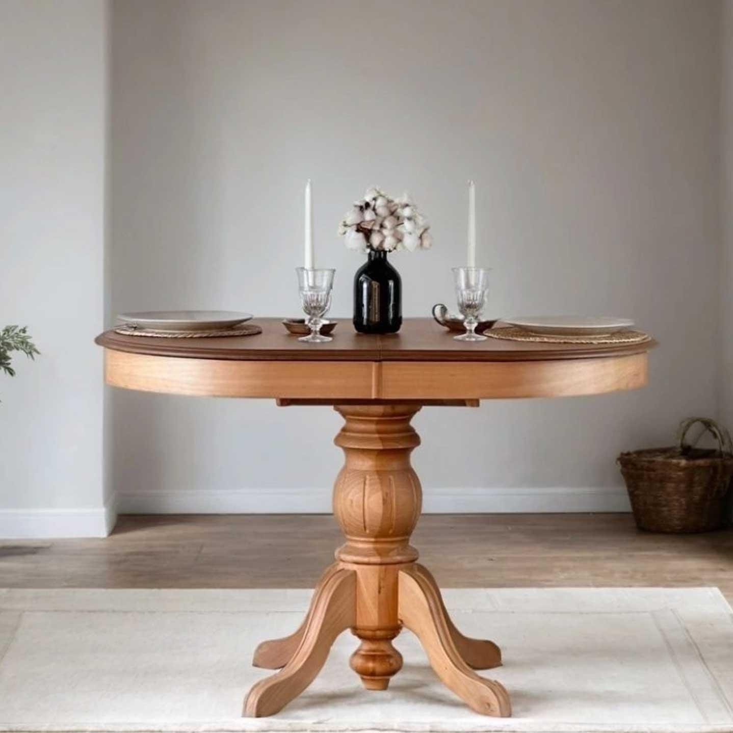 Reyo 100cm Açılır Yuvarlak Yemek Masası Baba Ayak Masa Natural Cilalı (Sandalyeler Dahil Değildir)