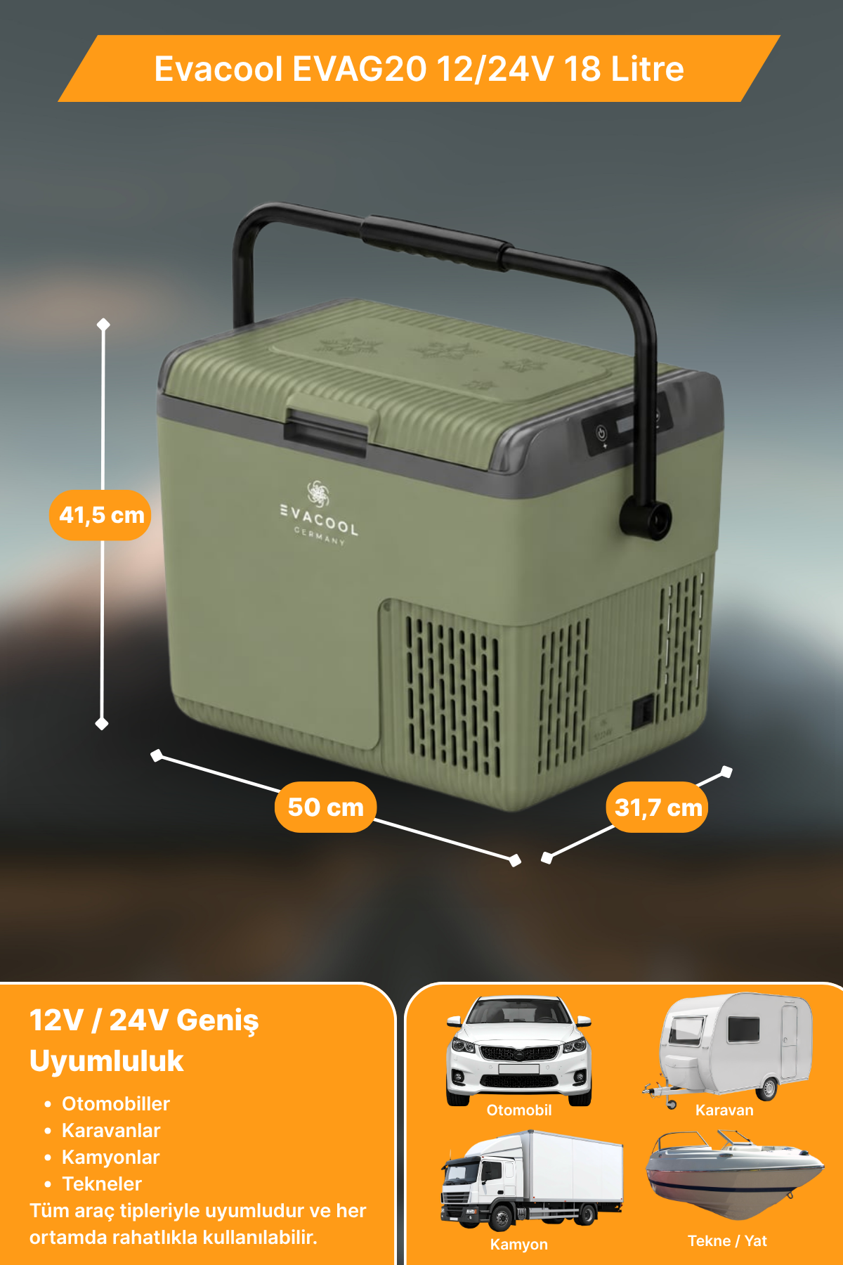 Evacool EVAG20 12/24V 18 Litre Kompresörlü Oto Buzdolabı Yeşil