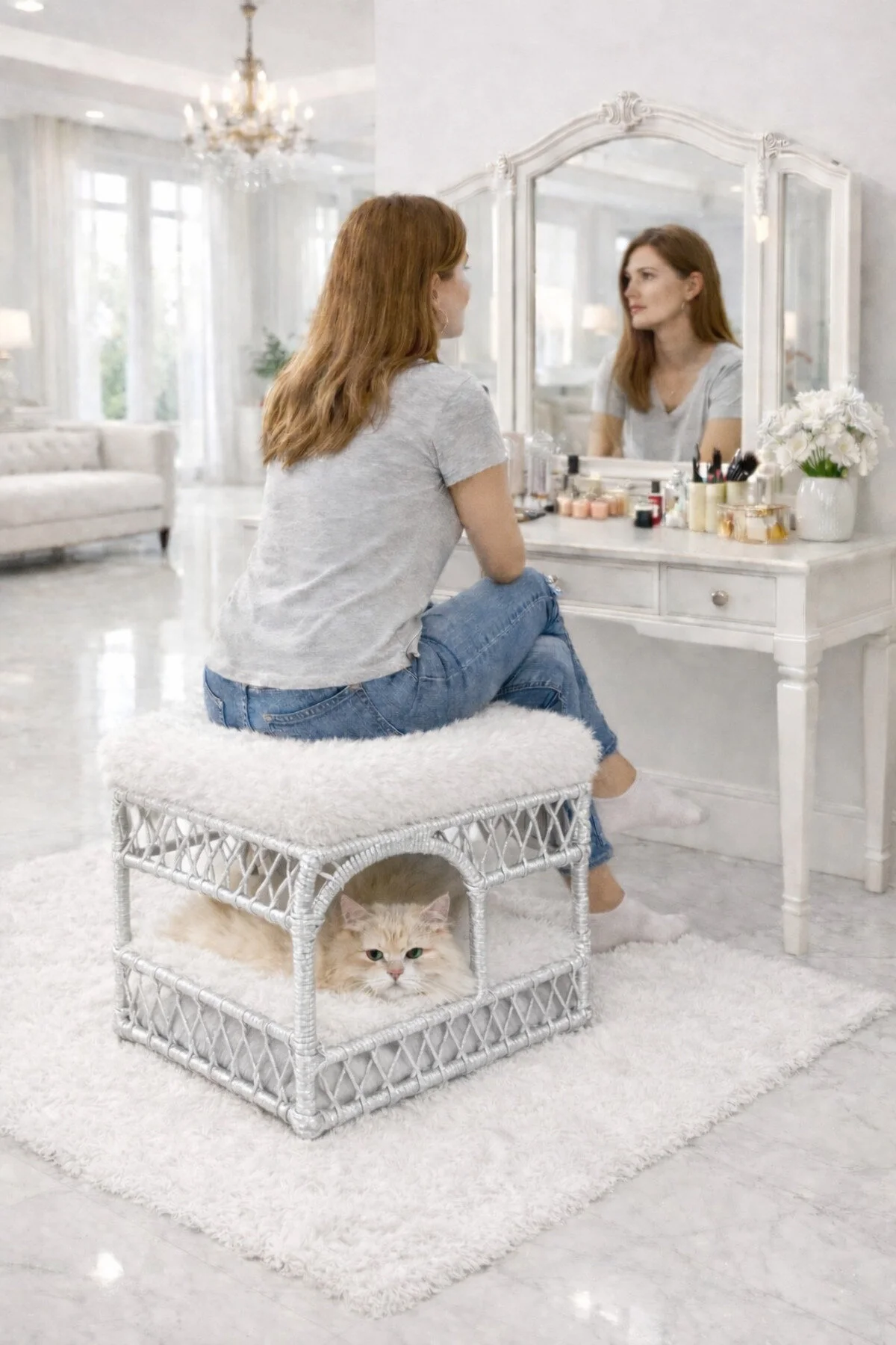 Tasaryum Peluş Yuvarlak Puf - 2'si 1 Arada Makyaj Taburesi ve Konforlu Kedi Yatağı, Kedi Ranzası - Açık Gri