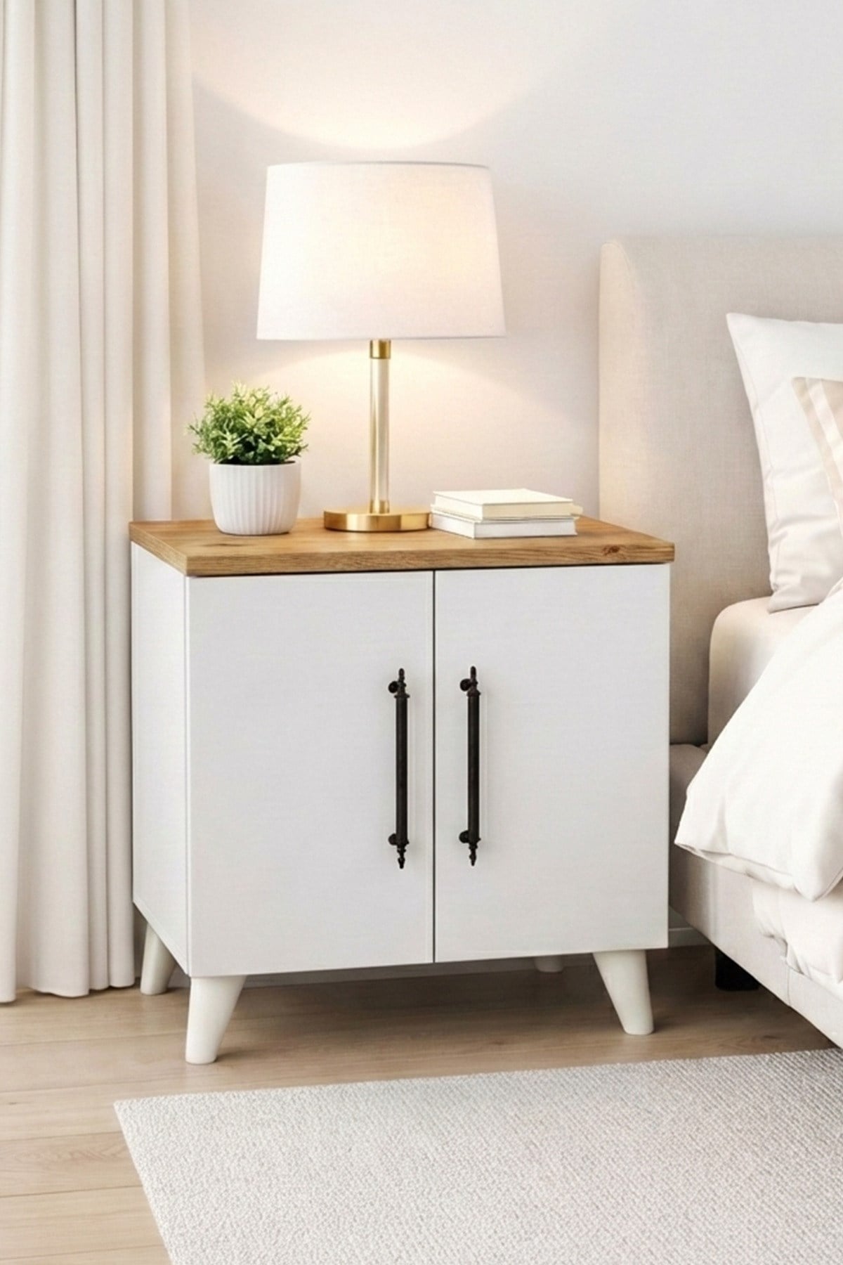 Enda Home Lumen 2 Kapaklı Raflı Klasik Komodin Beyaz-Atlantik Çam