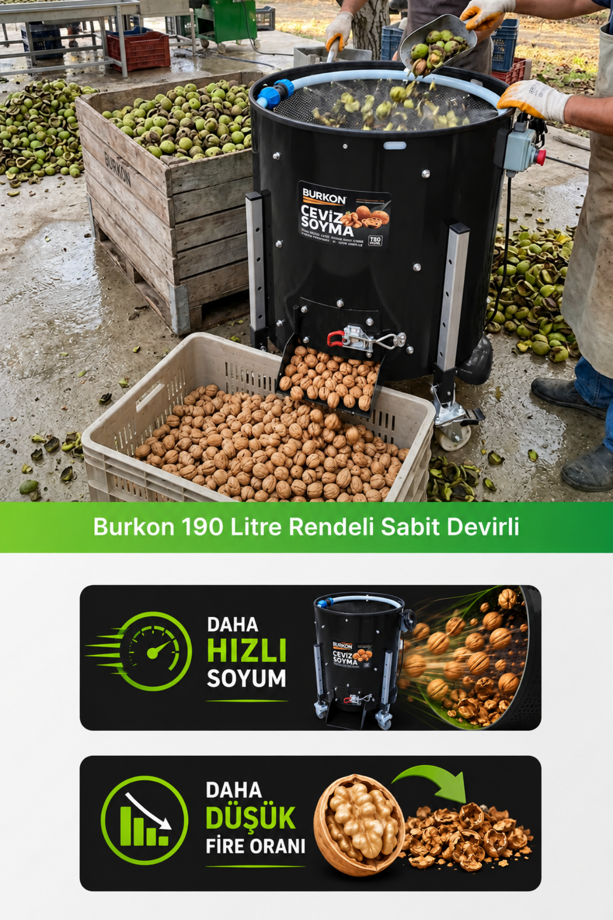 Burkon 190 Litre Rendeli Sabit Devirli Ceviz Soyma Makinesi