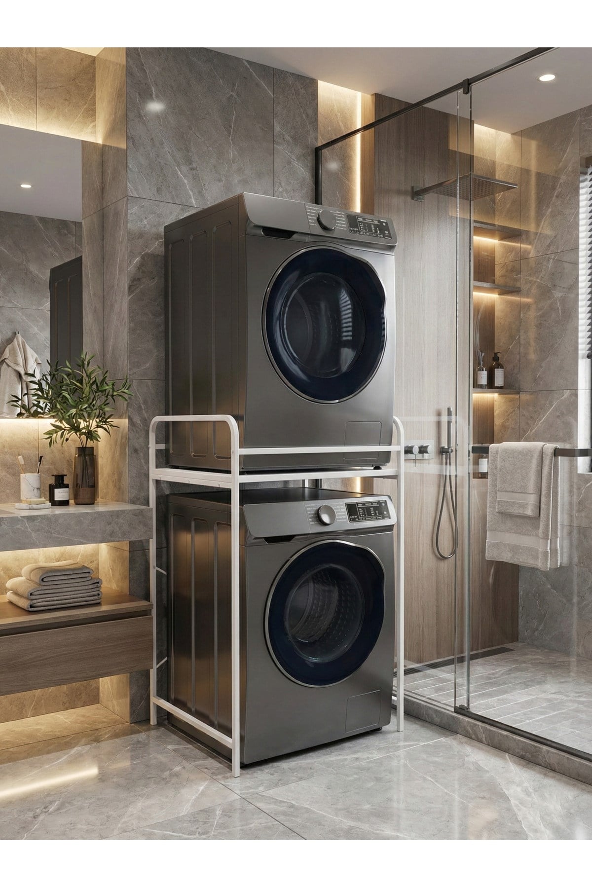 Reyo Falez 2 Katlı Çamaşır Makinesi Üstü Dolap Metal Banyo Organizeri Çok Amaçlı Raf - Beyaz 261