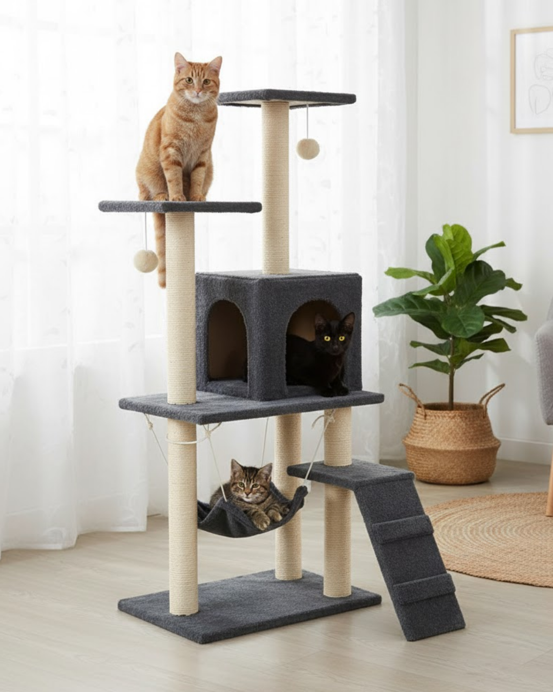 Reyo Pet B-07 Hamaklı Yuvalı Lüx Kedi Tırmalama Oyun Evi Antrasit