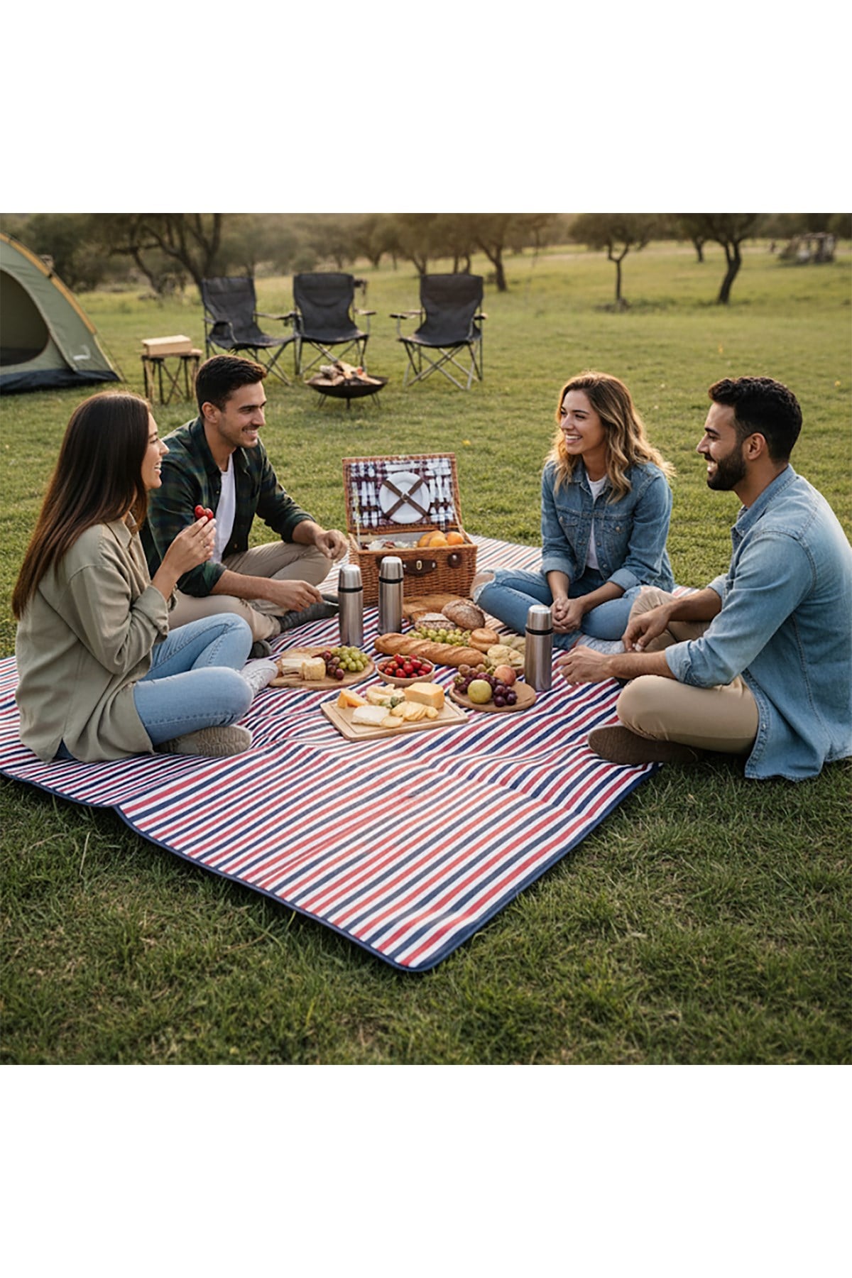 Haegs Piknik Örtüsü, Çanta Kamp Matı, Plaj Matı, Piknik Yer Örtüsü, Seyahat, Kamp, Outdoor, Kum Tutmaz, Su Geçirmez, Katlanabilir 200x150cm - Kırmızı Çizgili