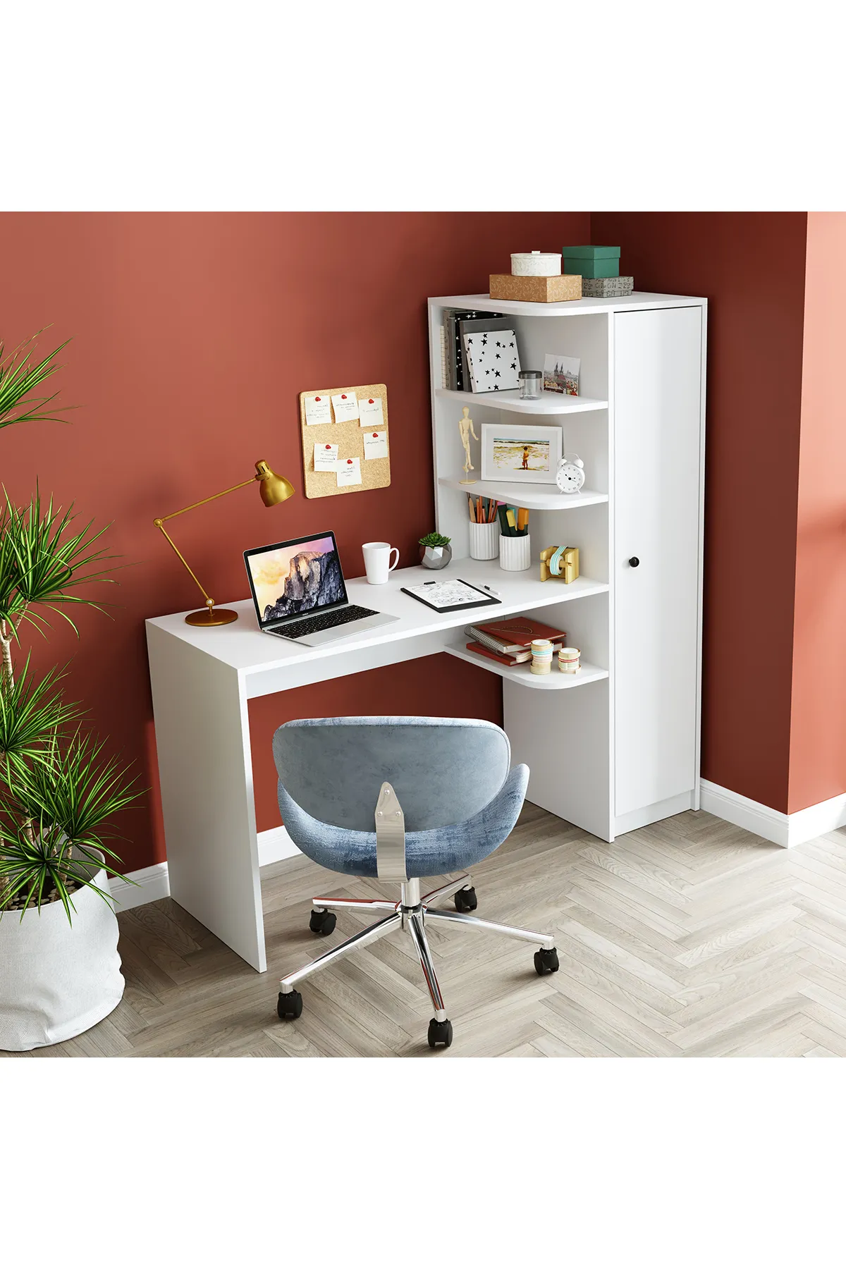 Roomart Roma Raflı Çalışma Masası, Çalışma Ofis Masası Sağ Dolap Mat Beyaz