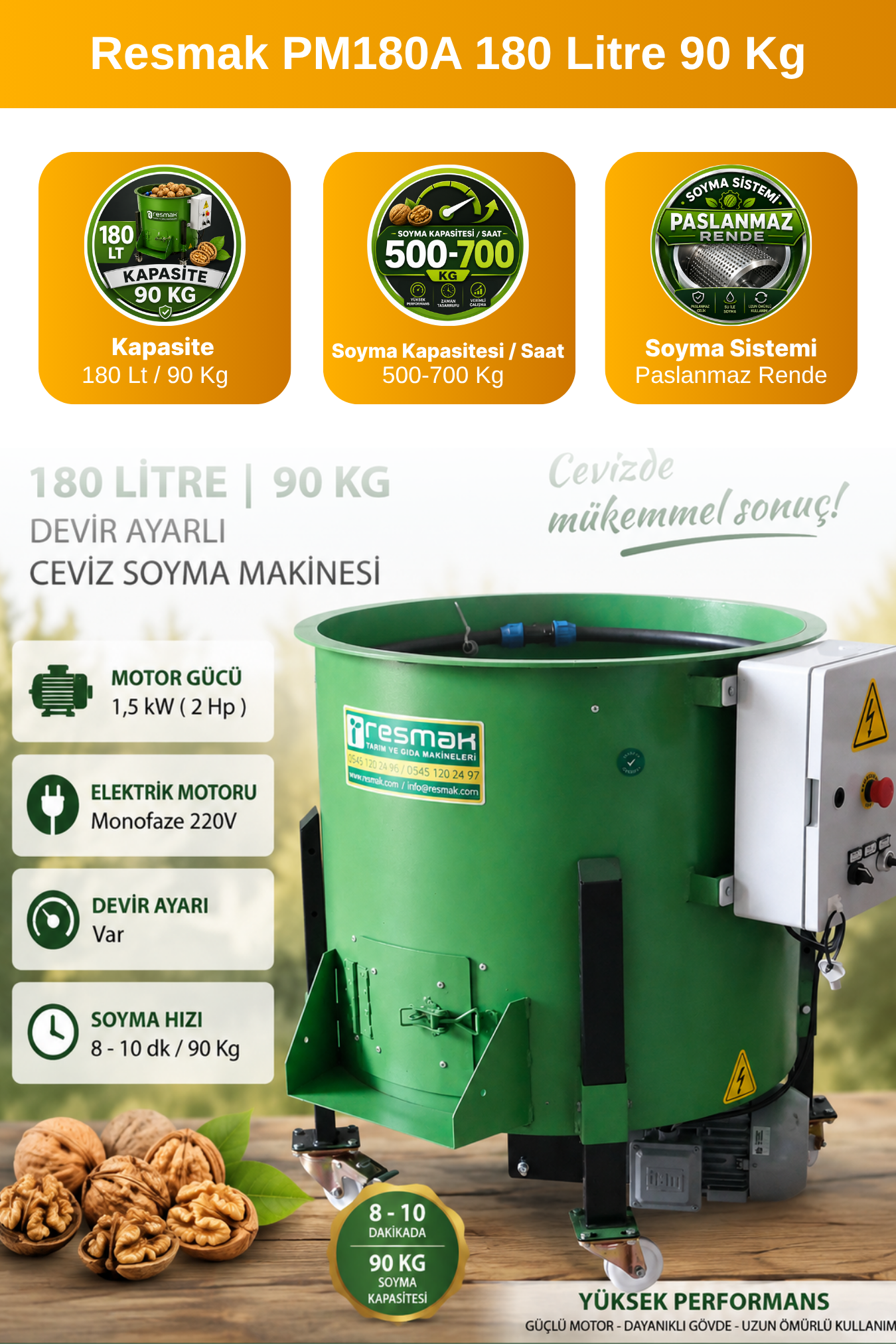 Resmak PM180A 180 Litre 90 Kg. Devir Ayarlı Ceviz Soyma Makinesi
