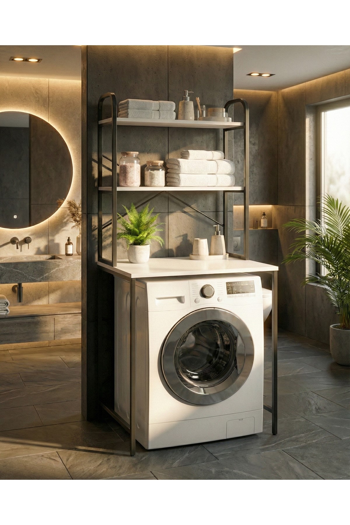  Reyo Falez Çamaşır Makinesi Üstü Dolap 2 Katlı Geniş Depolama Raf Ünitesi Metal Banyo Organizeri Siyah - 260