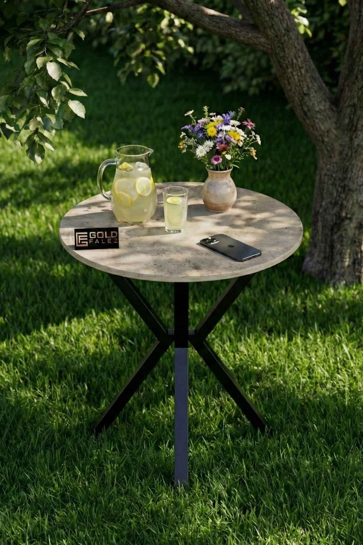 Reyo Falez 70 cm Yuvarlak Mutfak Masası Metal Ayaklı Modern Yemek Balkon Bahçe Kafe Masası Traverten 9821