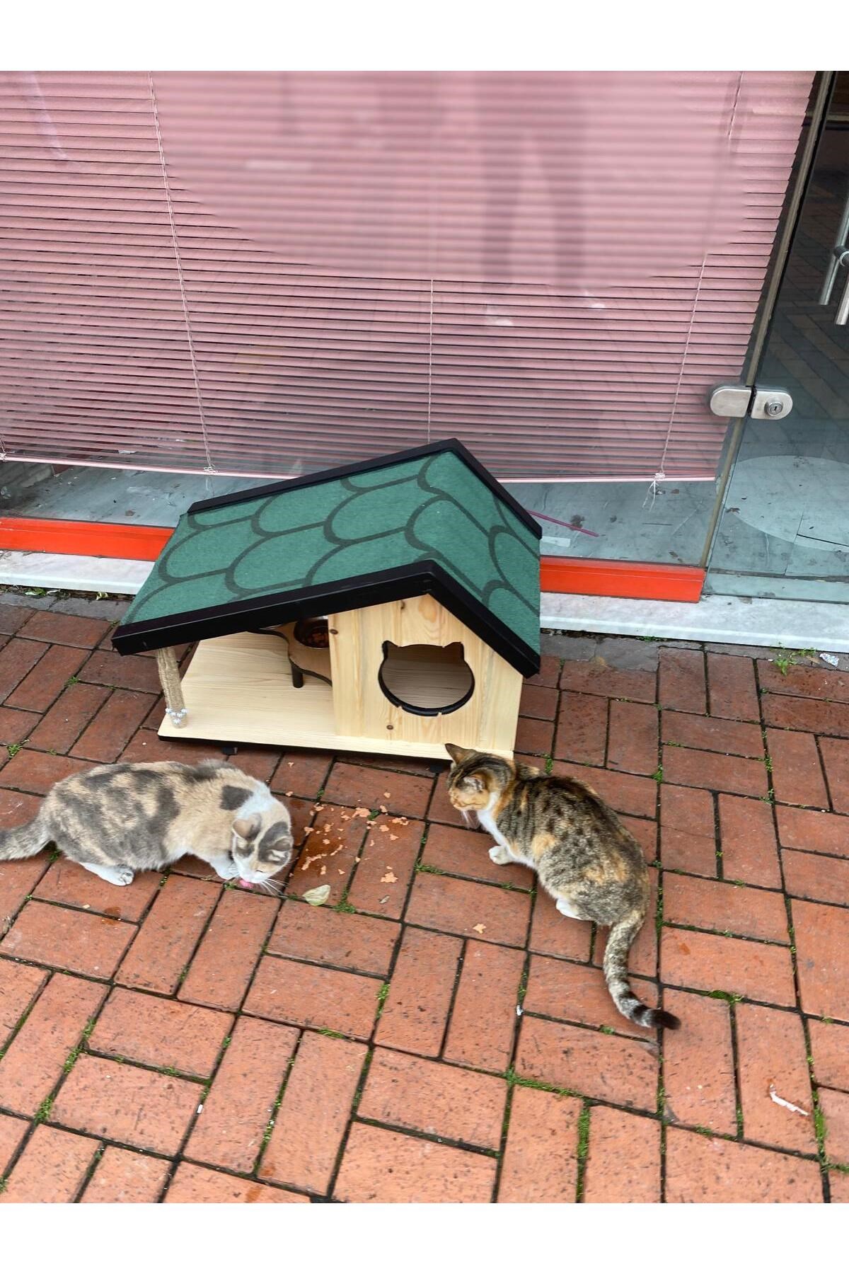 Narım Ahşap Mama Standlı Tırmalama Tahtalı Özel Tasarım Kedi Barınağı, Kedi Barınağı 74x45 cm