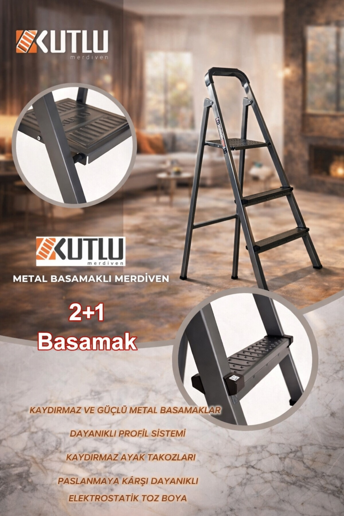 Reyo Kutlu Dayanıklı 2+1 Metal Basamaklı Katlanır Merdiven – Kaymaz Basamaklı Ev Tipi Portatif Merdiven