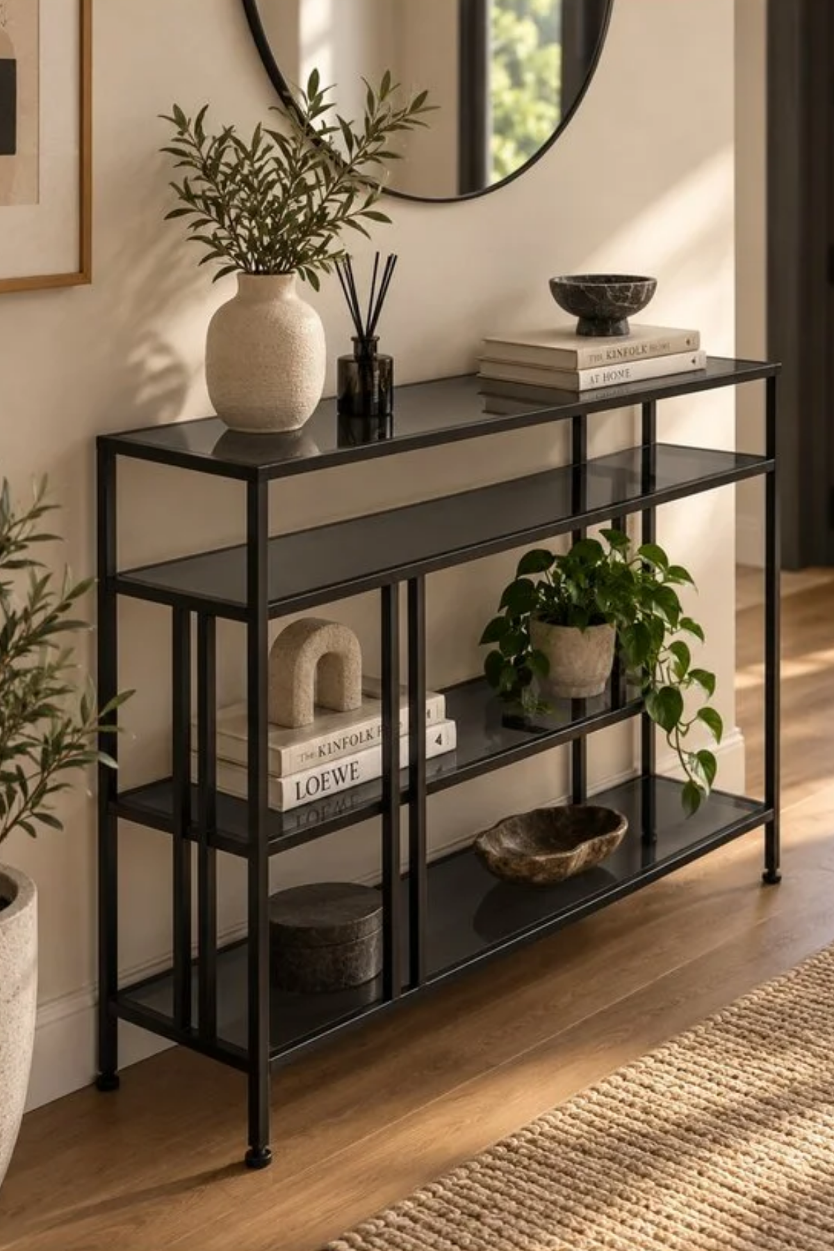 Reyo Mondrian Siyah Çerçeveli Füme Camlı Modern Salon Konsolu