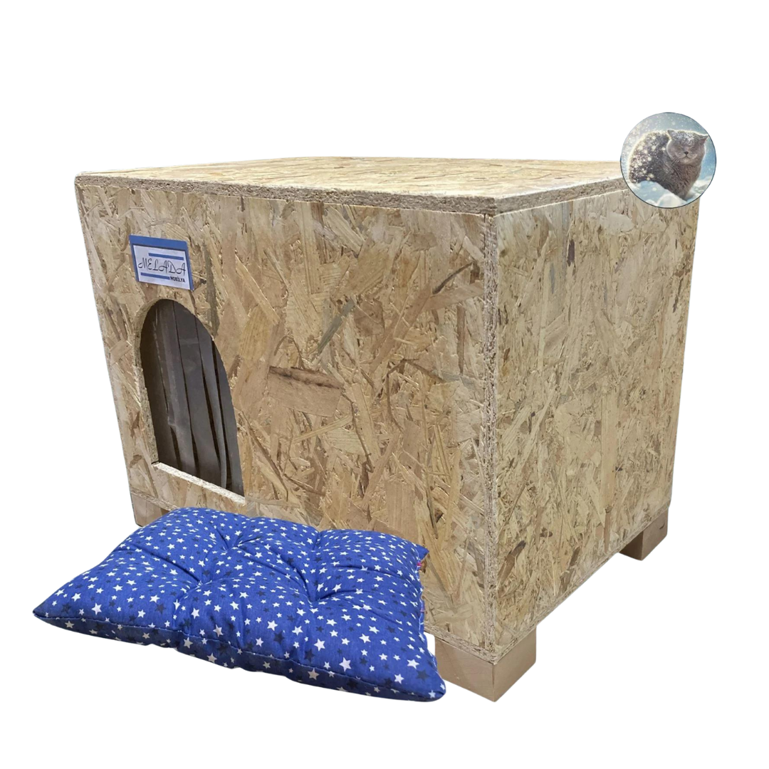 Melada Kedi Evi Dış Ortam Uygun Ahşap Kedi Evi OSB Minderli 61x41x36 cm