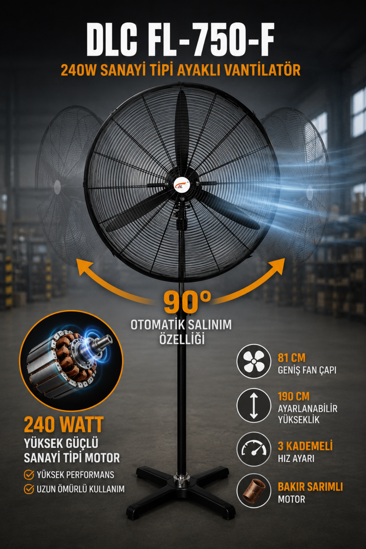 Dlc FL-750-F 240 Watt Sanayi Tipi Ayaklı Vantilatör Siyah