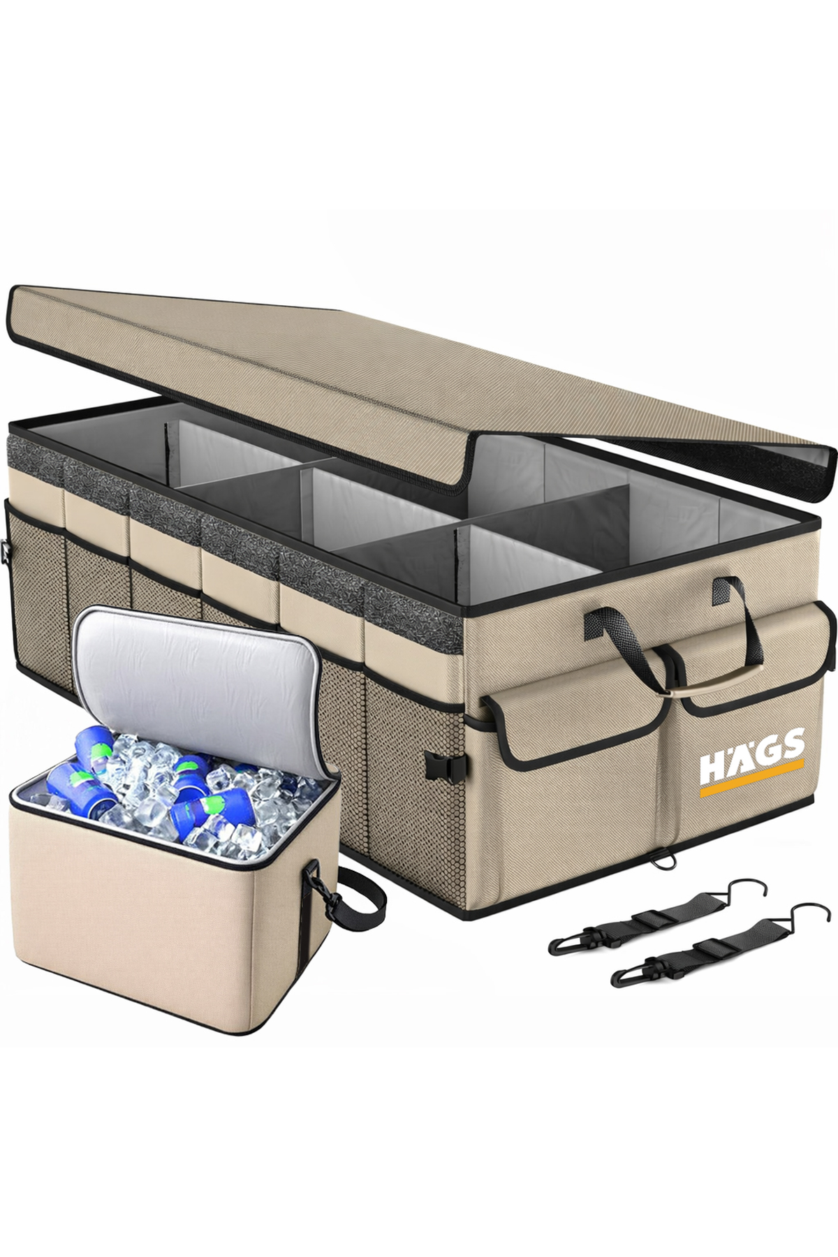 HAEGS Araç Bagaj Düzenleyici, Soğutucu Çantalı Bagaj Organizer Sağlam Katlanabilir, Otomobil ve SUV`lar için, Cepli, 3 Ana Bölmeli, 100L: 90x40x28 cm - Bej