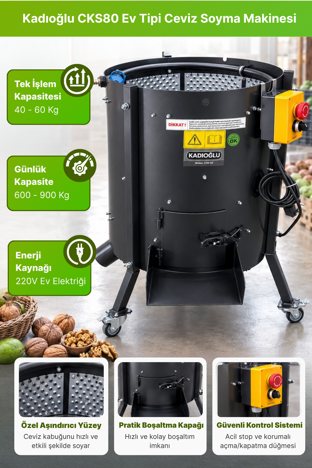 Kadıoğlu CKS80 Ev Tipi Ceviz Soyma Makinesi 80 litre