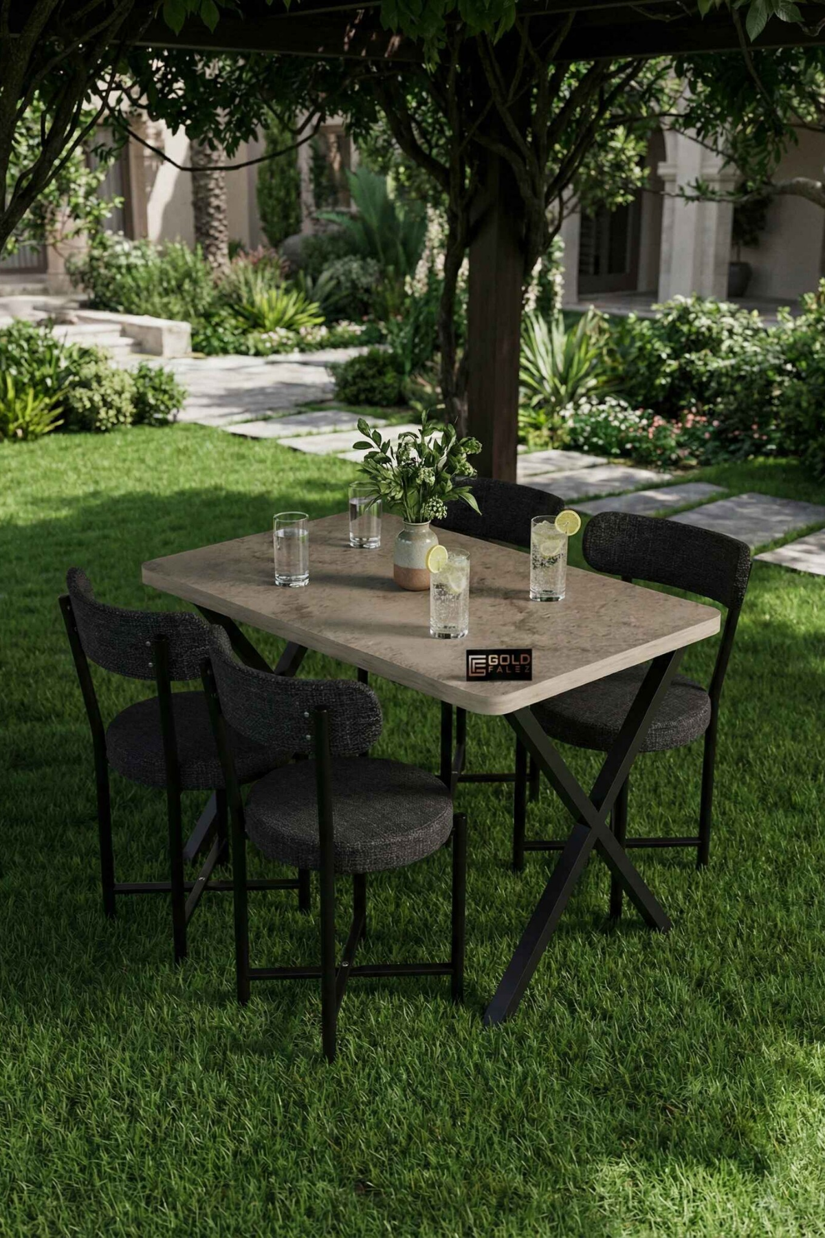 Reyo Falez Elma 110x70 cm Masa Takımı 4 Sandalyeli Modern Mutfak Balkon Kafe Yemek Masası Seti Traverten - Antrasit 9883