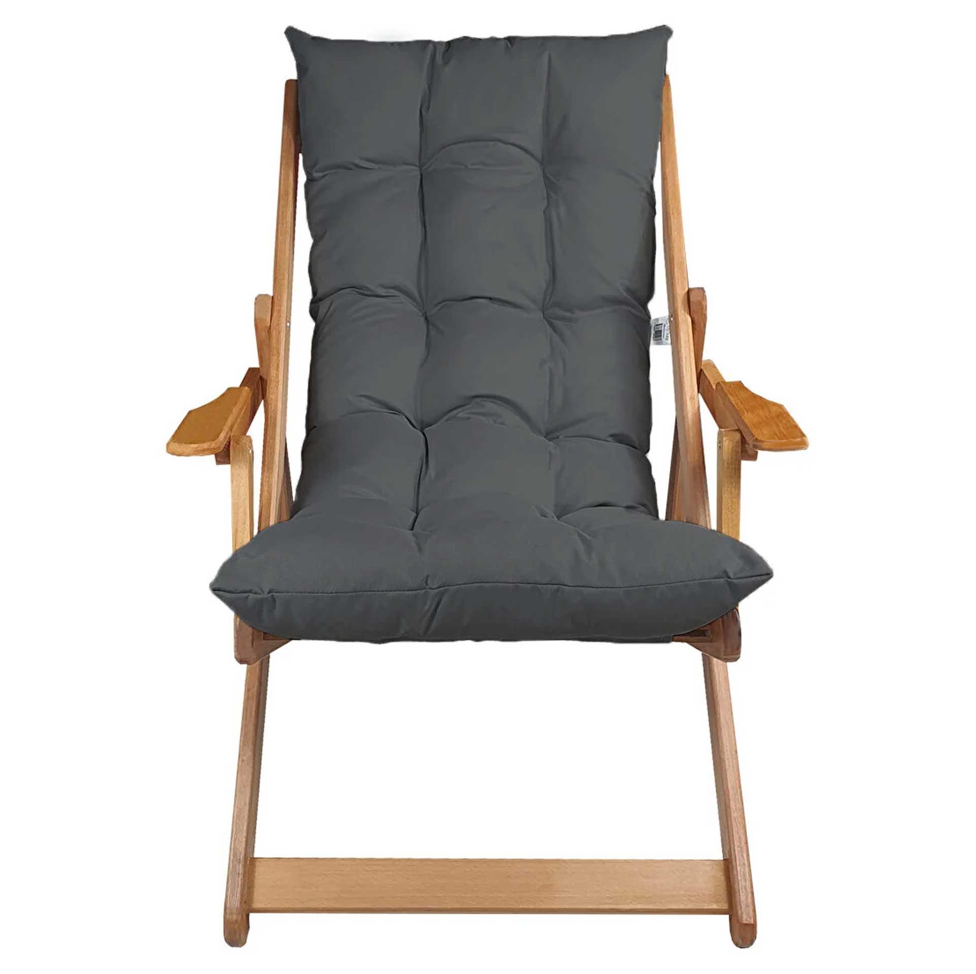 Bysay Puf Minderli Ahşap Kademeli Şezlong Bahçe&Balkon&Teras&Plaj Katlanır Şezlong Naturel Antrasit