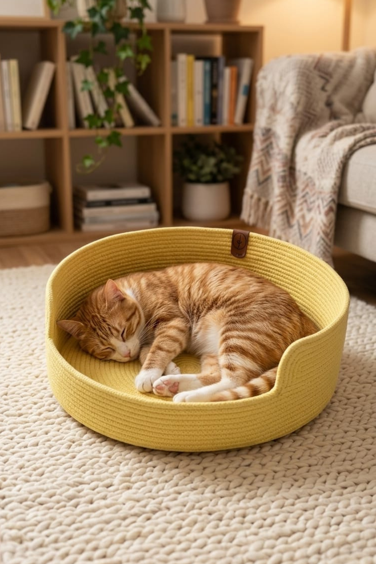Reyo Pet El Yapımı Kedi ve Köpek Yatağı, %100 Pamuk İpli Evcil Hayvan Yatağı Açık Sarı