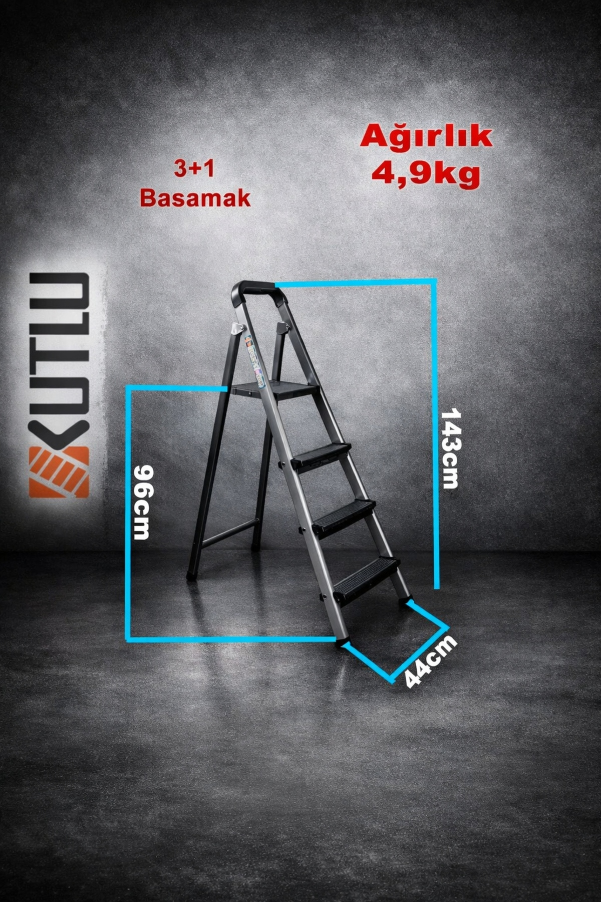 Reyo Kutlu Dayanıklı 3+1 Metal Basamaklı Katlanır Merdiven – Kaymaz Basamaklı Ev Tipi Portatif Merdiven