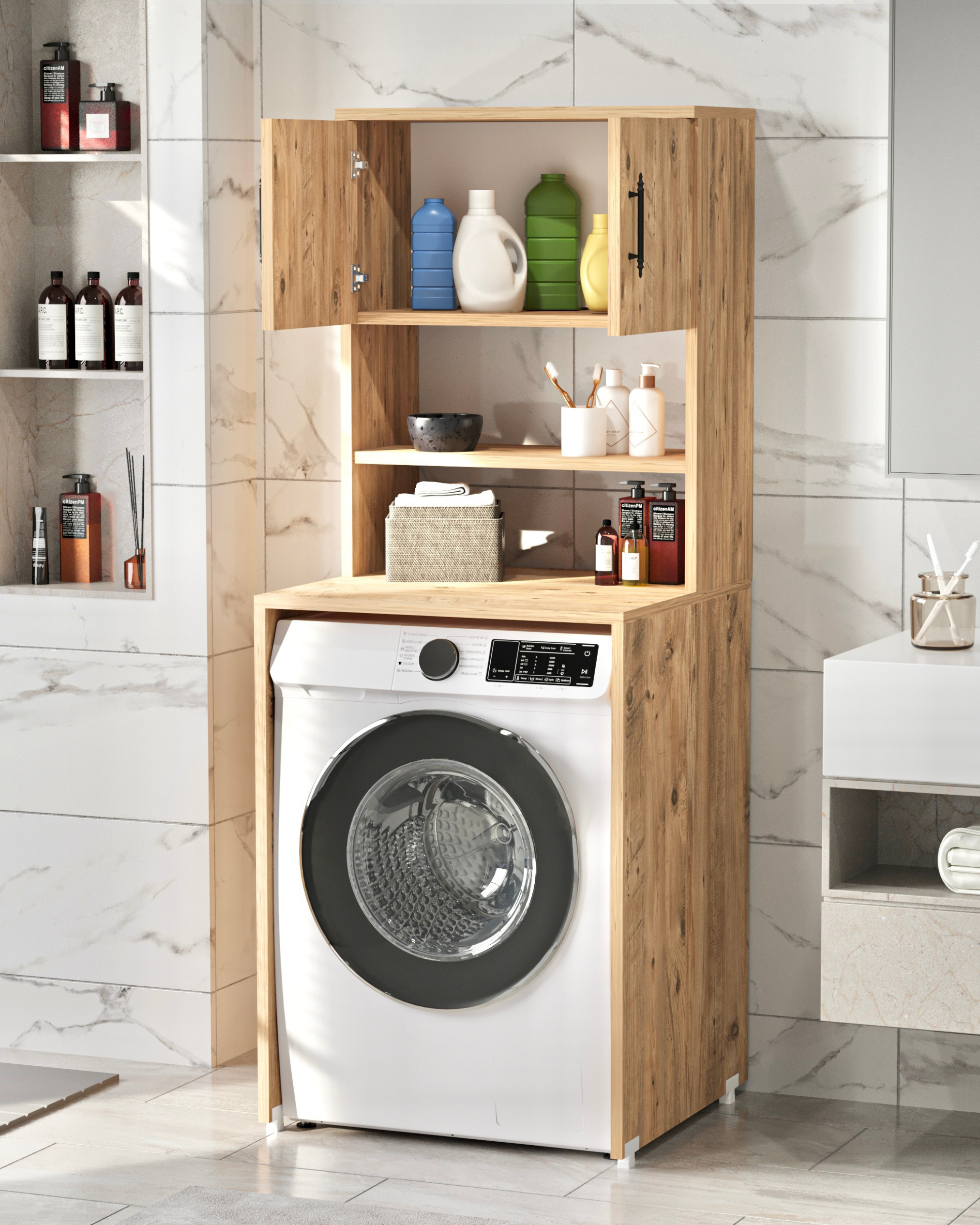 Enda Home Çamaşır Makinesi Dolabı 3 Raflı Kapaklı Banyo Dolabı Atlantik Çam