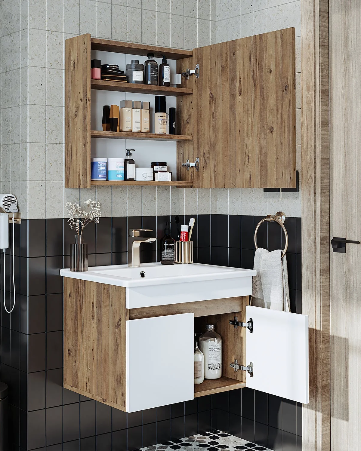 RoomArt Lavabolu Atlantik-Beyaz Mat Mdf 65 Cm Banyo Alt Dolap + Aynalı Üst Dolap + Boy Dolap