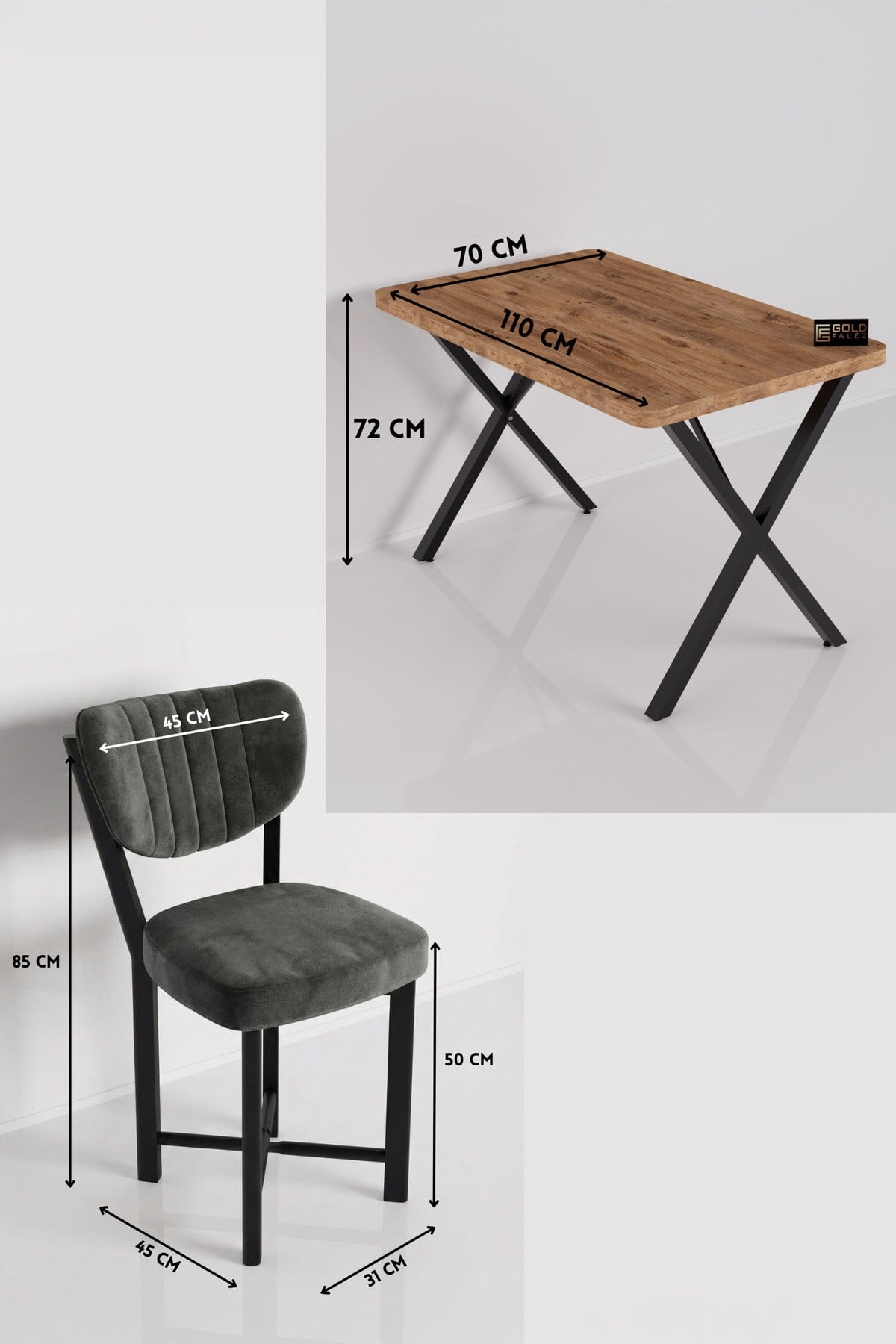 Reyo Falez Elma 110x70 cm Masa Takımı 4 Sandalyeli Modern Mutfak Balkon Kafe Yemek Masası Seti Atlantik Çam - Antrasit 9885