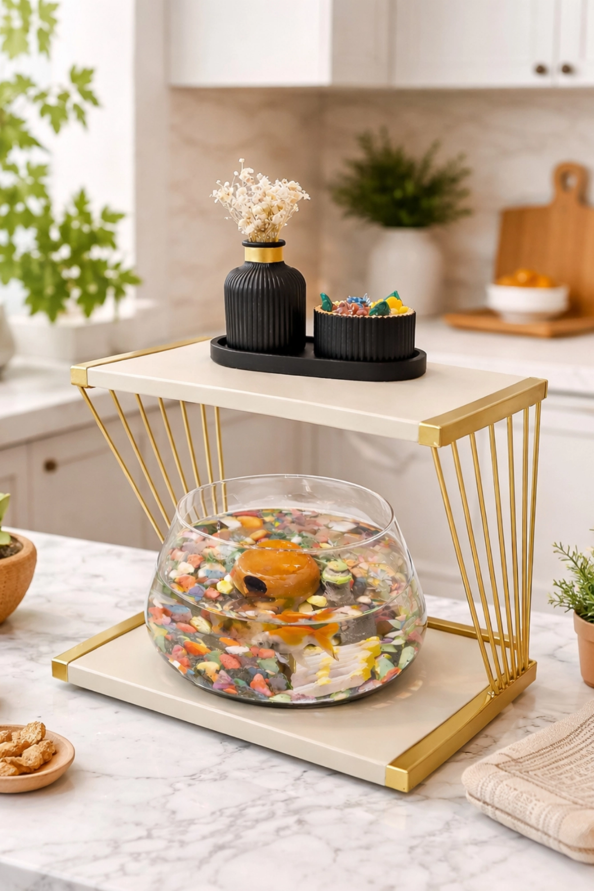 Reyo OK-AY Store Exclusive Işıklı Beta Akvaryum ve Fanus Modern Tasarım LED Aydınlatmalı Modern Temalı Fanus Gold-Krem