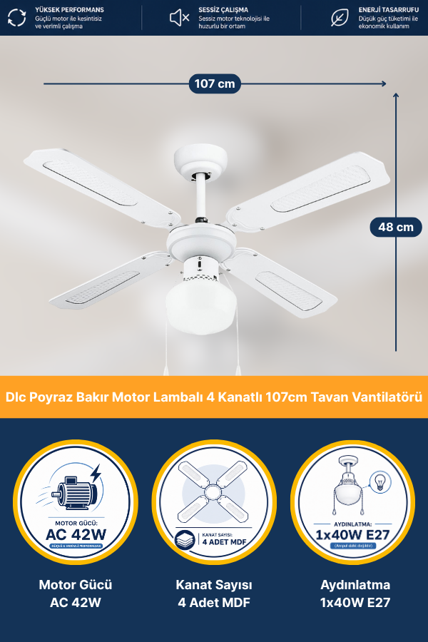 Dlc Poyraz Bakır Motor Lambalı 4 Kanatlı 107cm Tavan Vantilatörü Beyaz
