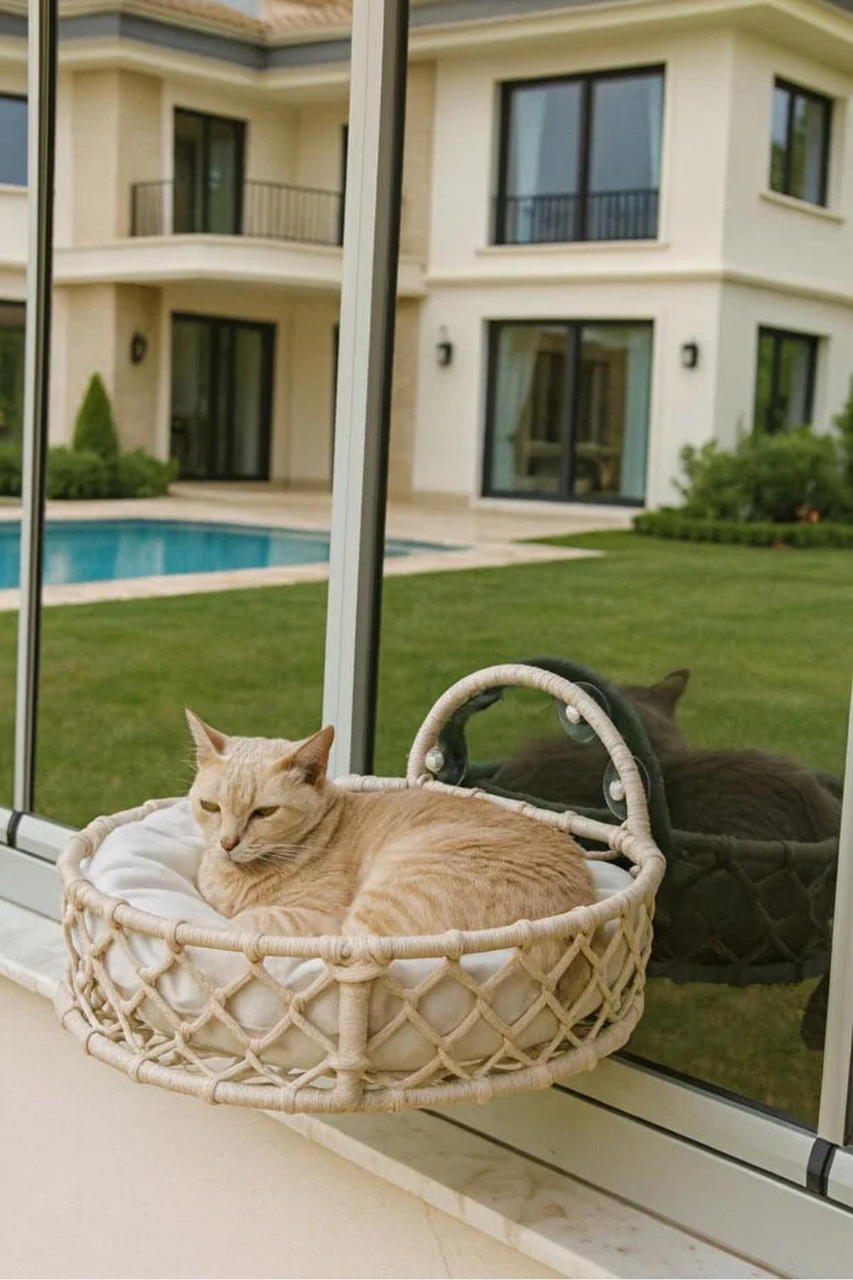 Tasaryum Kedi ve Köpek El Örgüsü Vantuzlu Cam Yatağı Hamak