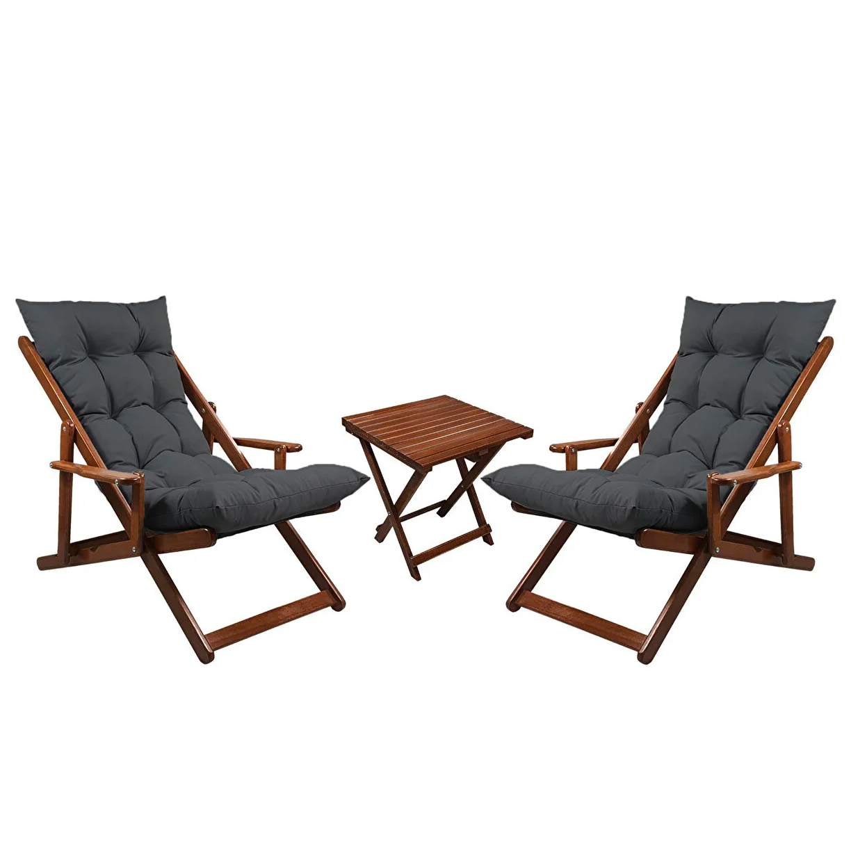 Bysay Ahşap Katlanabilir Taşınır Puf Minderli Kollu Şezlong. Plaj, Bahçe, Için 3 Lü Set (Ceviz-Antrasit)