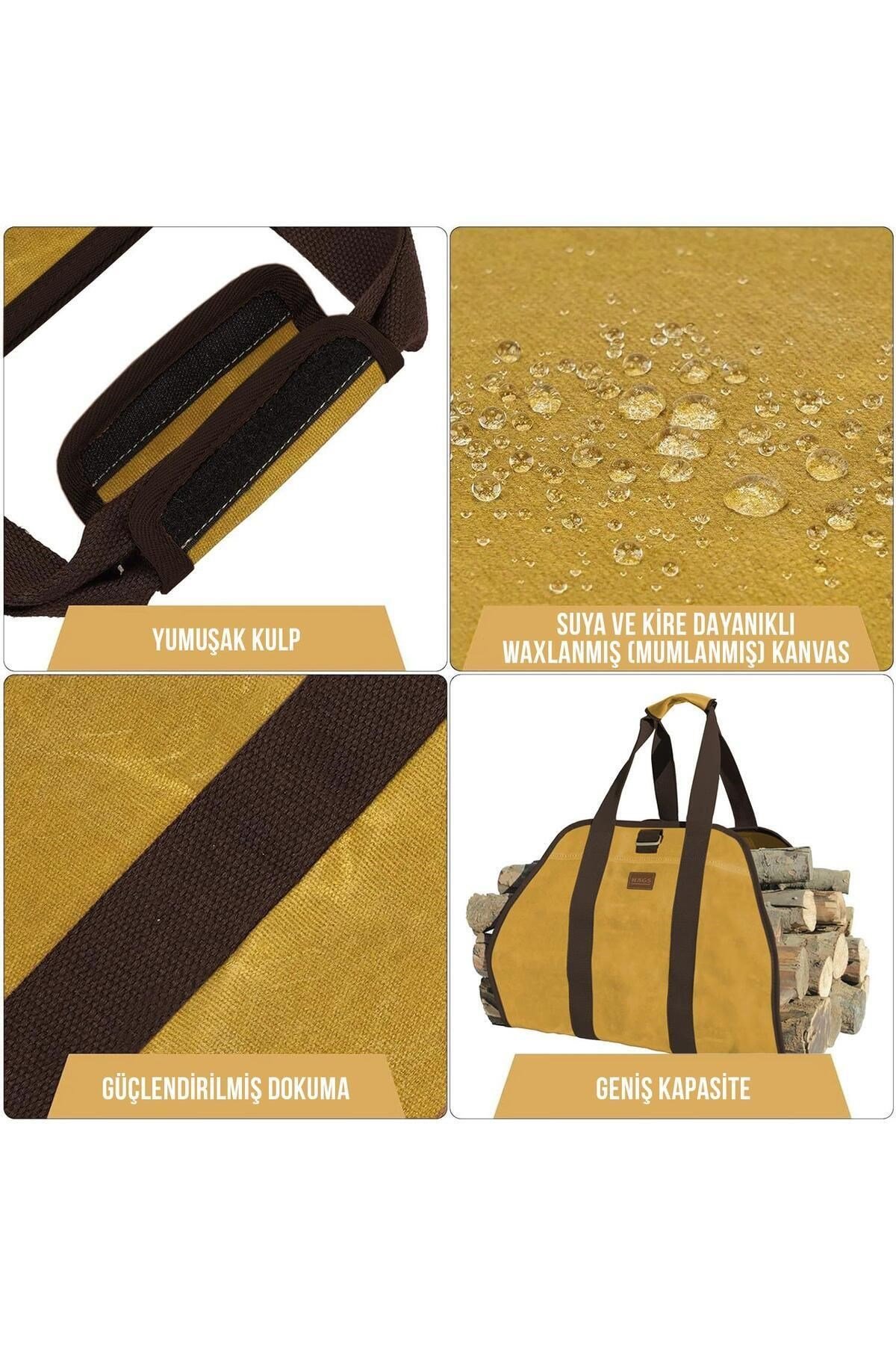 Haegs Ağır Hizmet Çantası, Waxed Kanvas, Şömine Odun Çantası, Yakacak Kütük Taşıma Depolama Çantası, Şömine Odun Sobası Aksesuarları - Amber Sarısı