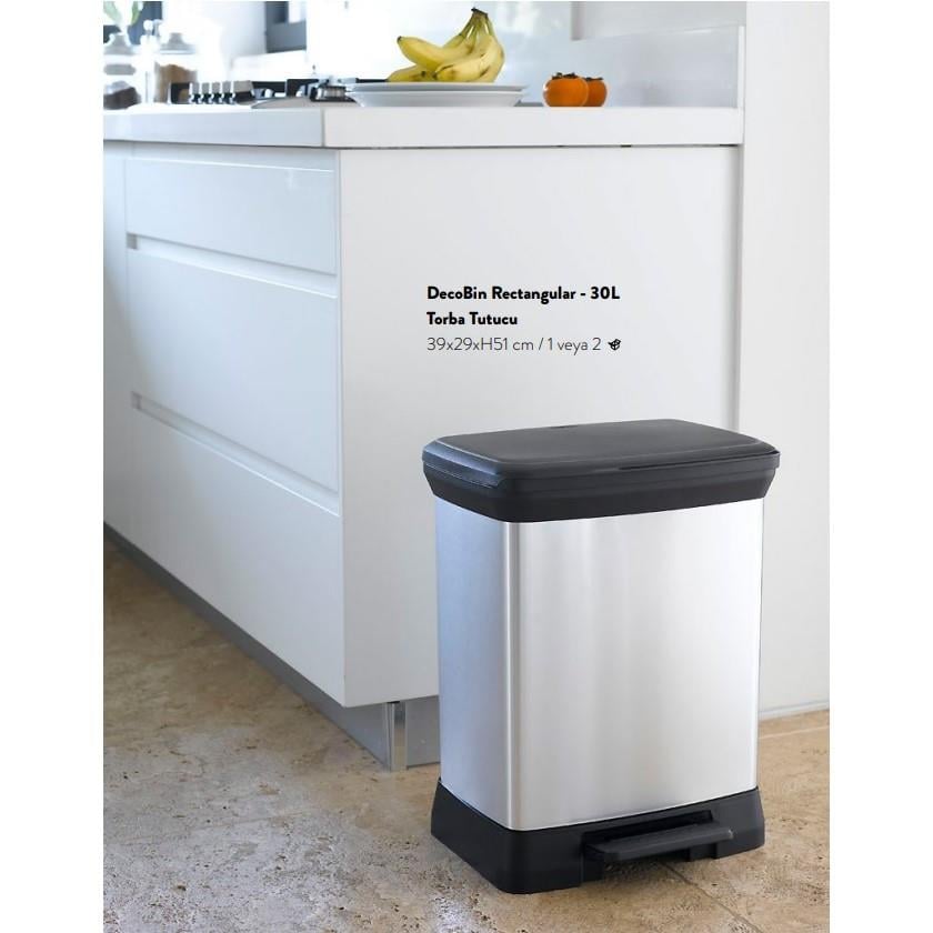 Curver DecoBin Rectangular - 30L Metal Görünümlü Yumuşak Kapanan Çöp Kovası